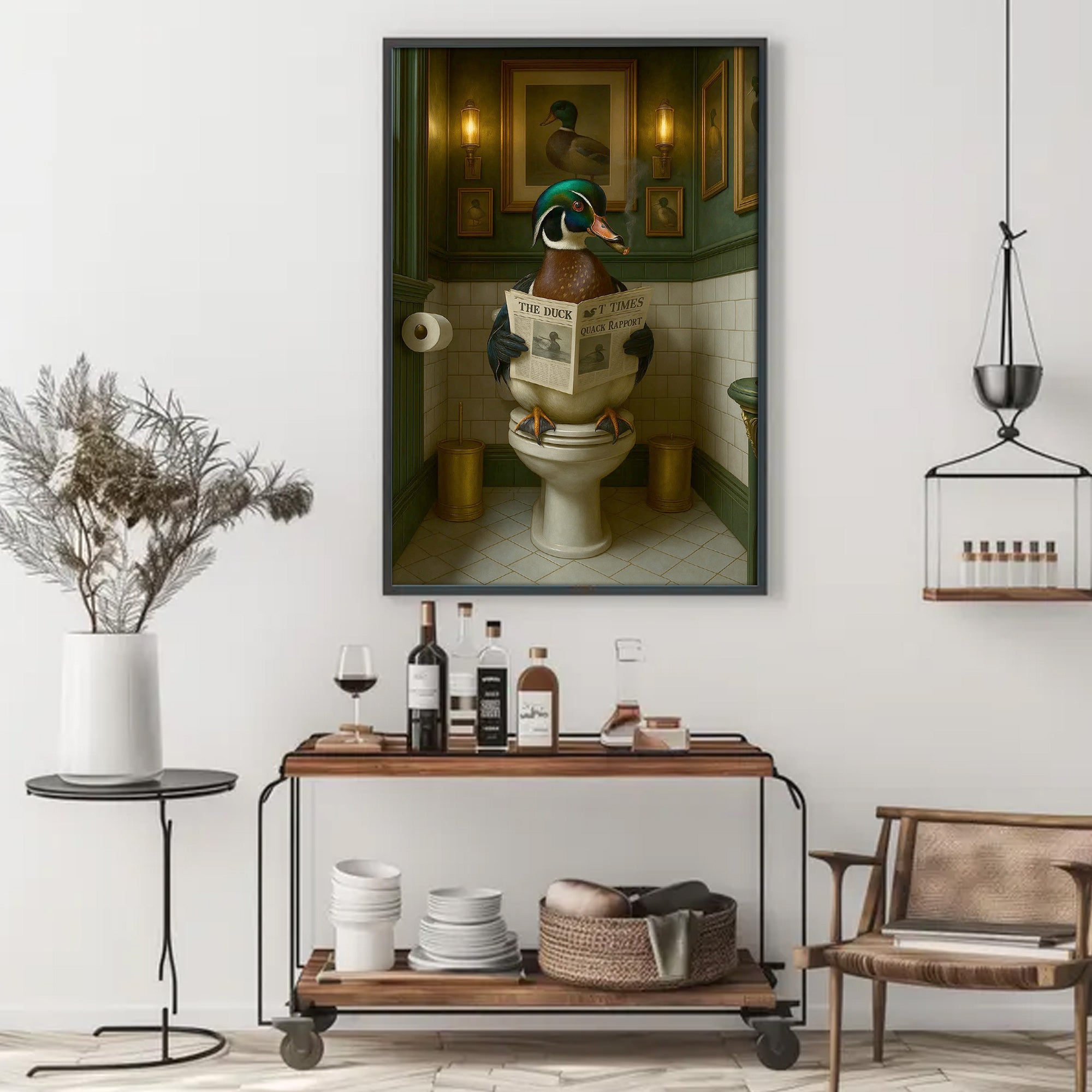 Rustic Duck Bathroom Wall Art Canvas – Wood Duck Reading Newspaper - Lodge Humor Print, Perfect Gift for Hunters