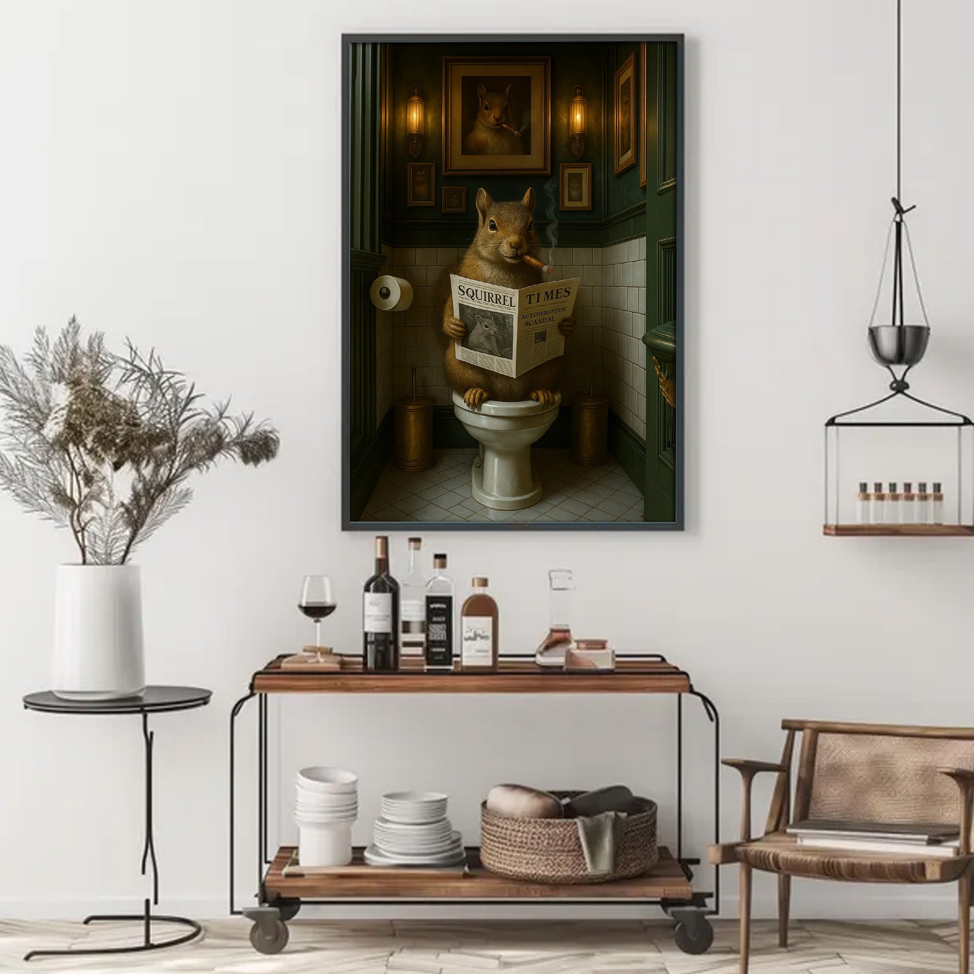 Funny Squirrel on Toilet Poster Canvas – Hilarious Wildlife Bathroom Scene - Lodge Humor Canvas, Gift for Men or Nature Lovers