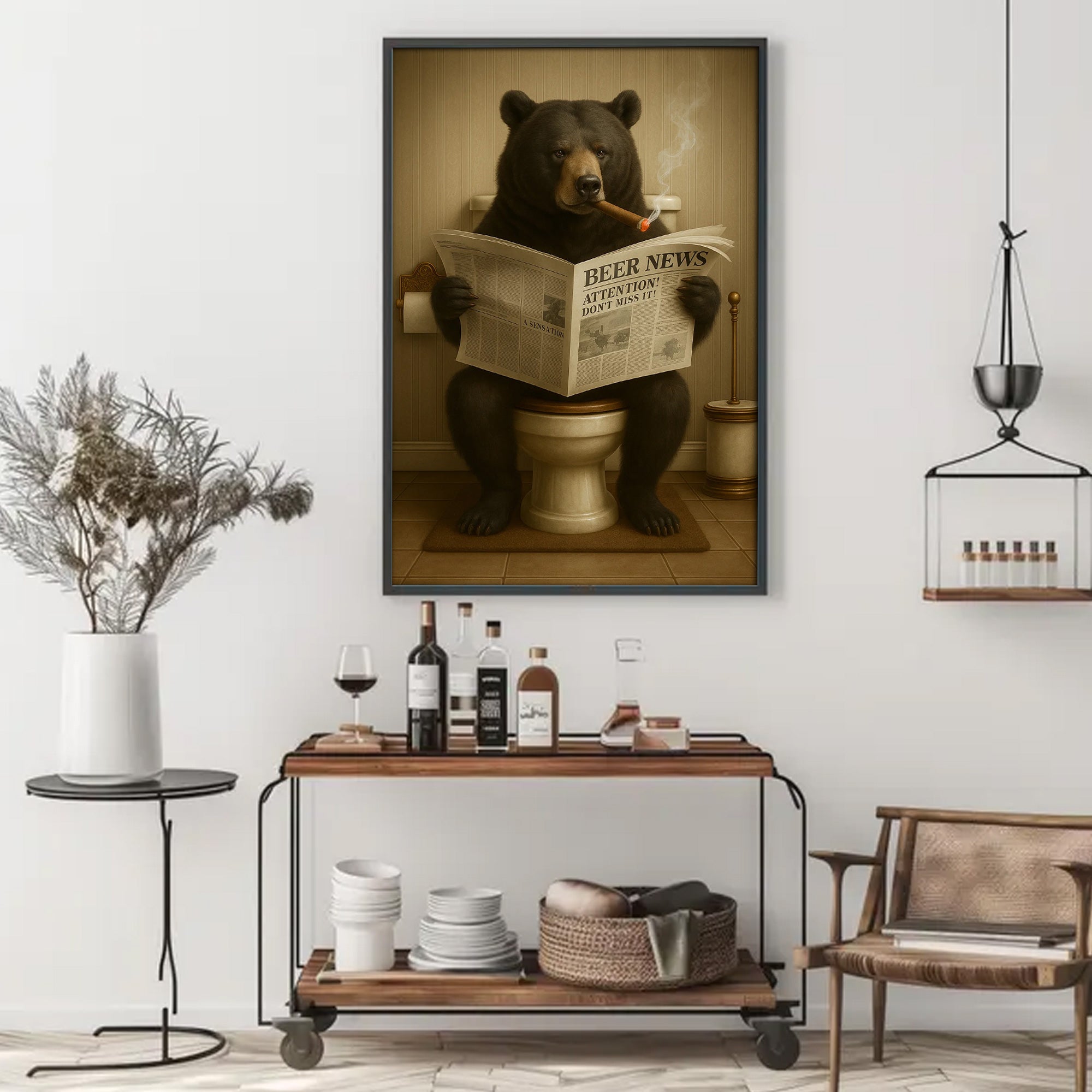 Funny Bear Newspaper Bathroom Canvas Wall Art – Wildlife Animal Poster - Unique Gift for Dad, Hunters & Outdoorsmen