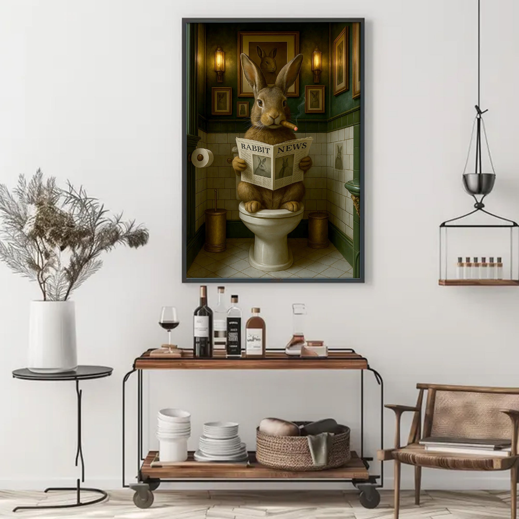 Funny Rabbit Bathroom Poster Canvas– Smoking-Smoking Bunny Reading Newspaper - Rustic Toilet Wall Art, Gift for Animal Lovers