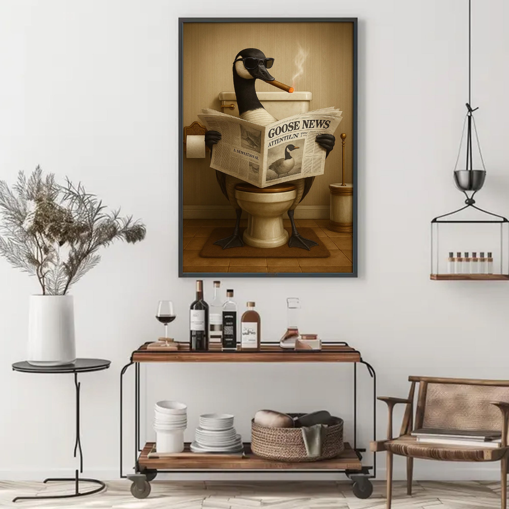 Funny Goose Read Newspaper Bathroom Canvas Wall Art – Hunting Wildlife Animal Poster - Unique Gift for Dad, Hunters