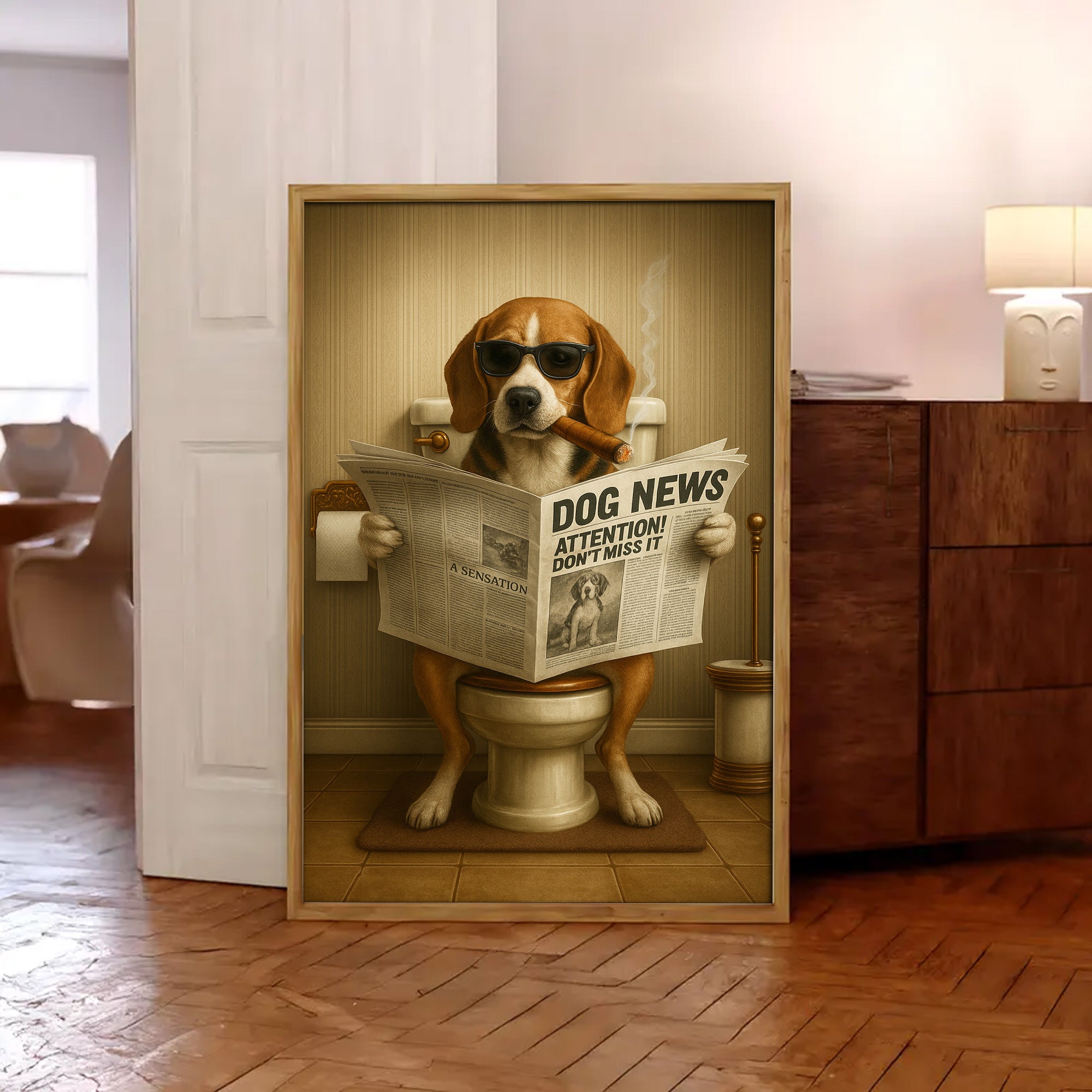 Funny Beagle Reading Newspaper Canvas – Funny Dog Hunting Bathroom Wall Art, Rustic Cabin Decor, Gift for Men
