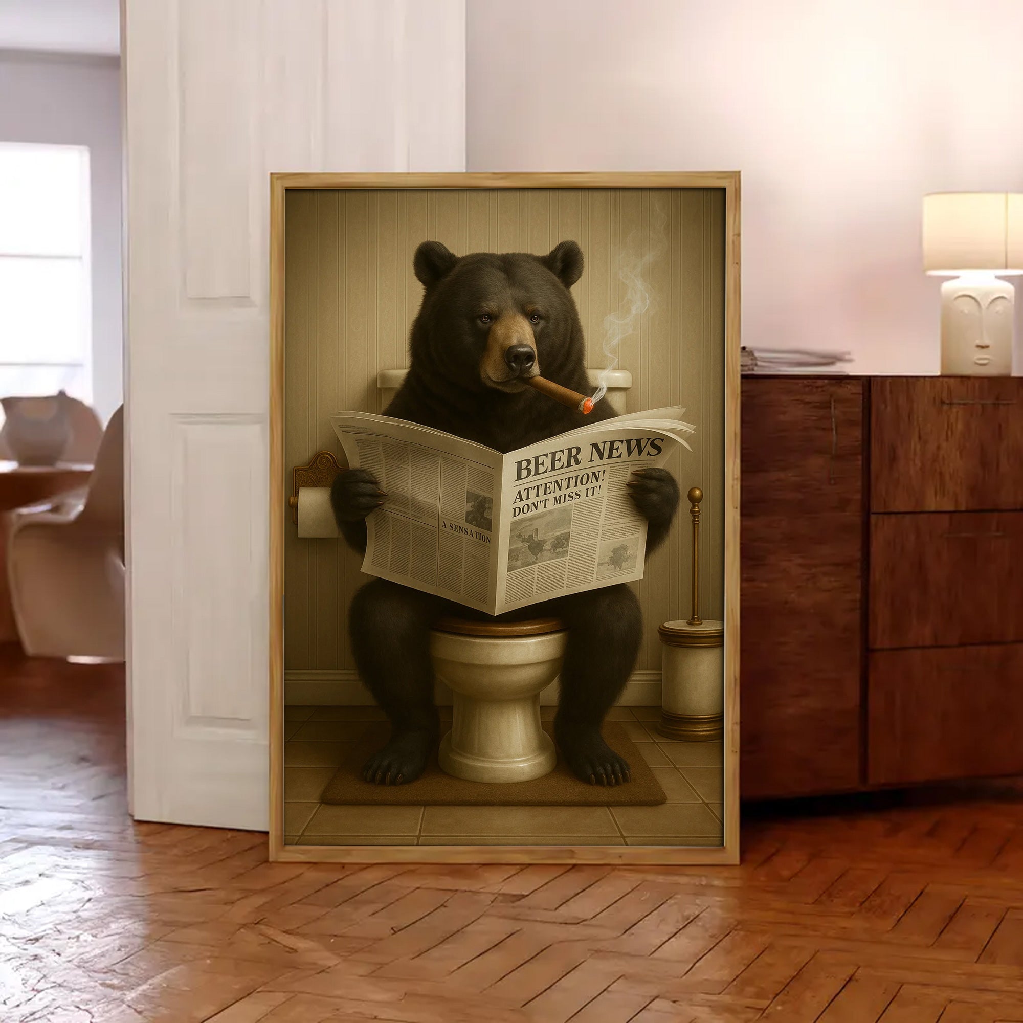 Funny Bear Newspaper Bathroom Canvas Wall Art – Wildlife Animal Poster - Unique Gift for Dad, Hunters & Outdoorsmen