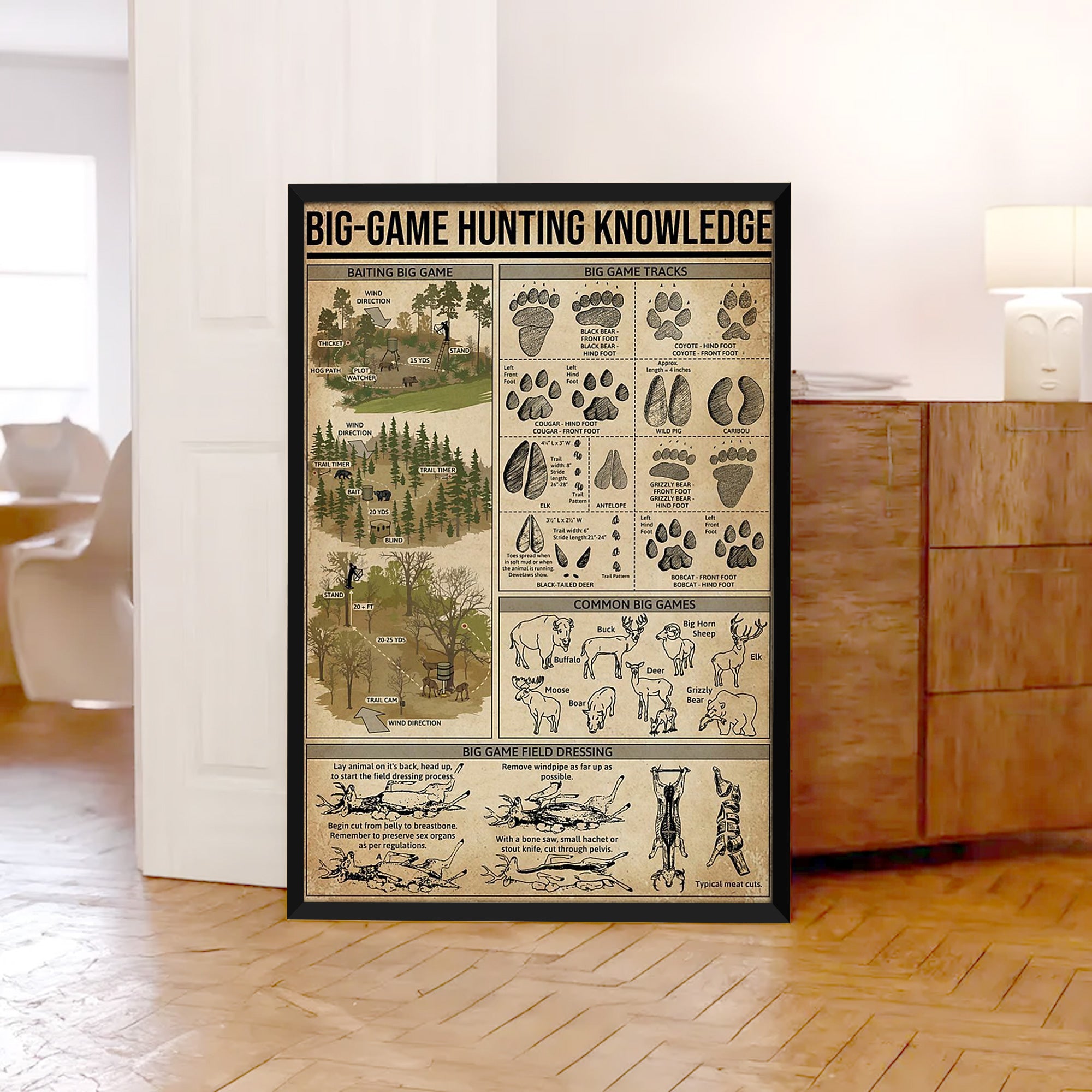 Big Game Hunting Knowledge Canvas – Deer, Elk & Bear Tracks & Field Guide Wall Art