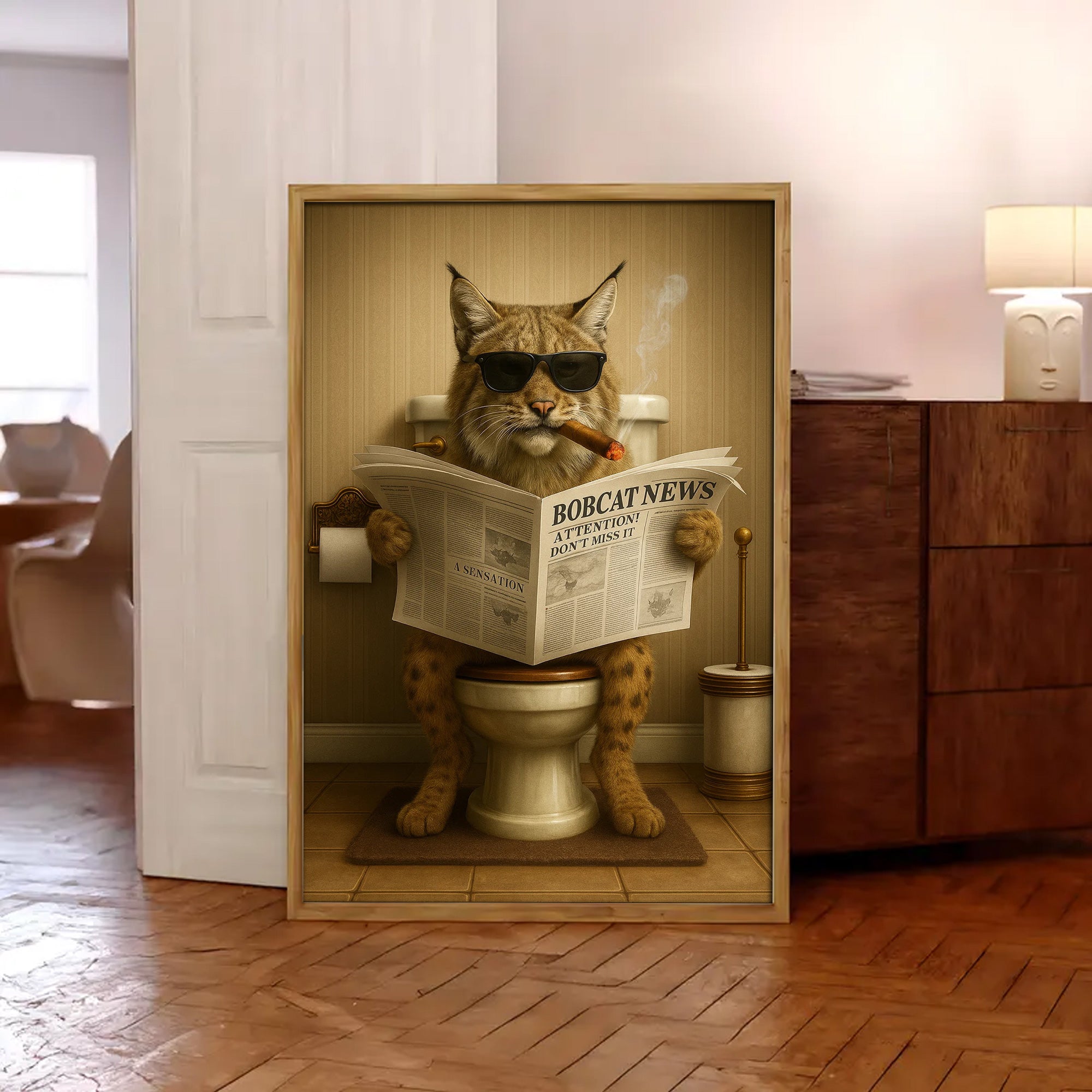 Funny Bobcat Bathroom Wall Art – Rustic Wildlife Decor for Men, Hunting Cabin Poster, Hilarious Gift for Dad