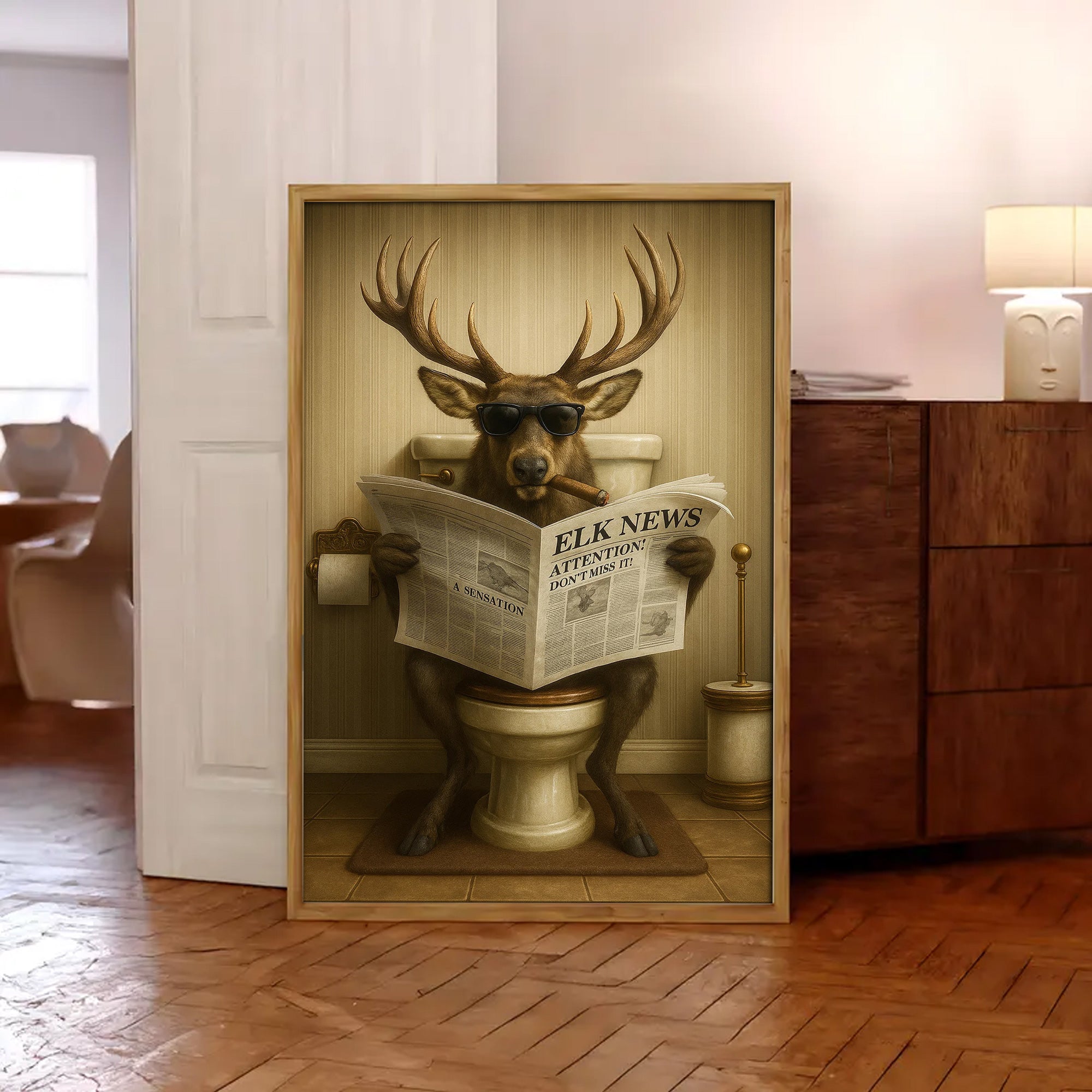 Funny Elk Bathroom Wall Art – Hunting Lodge Decor for Men - Wildlife Animal Poster - Unique Dad Gift for Hunters & Outdoorsmen