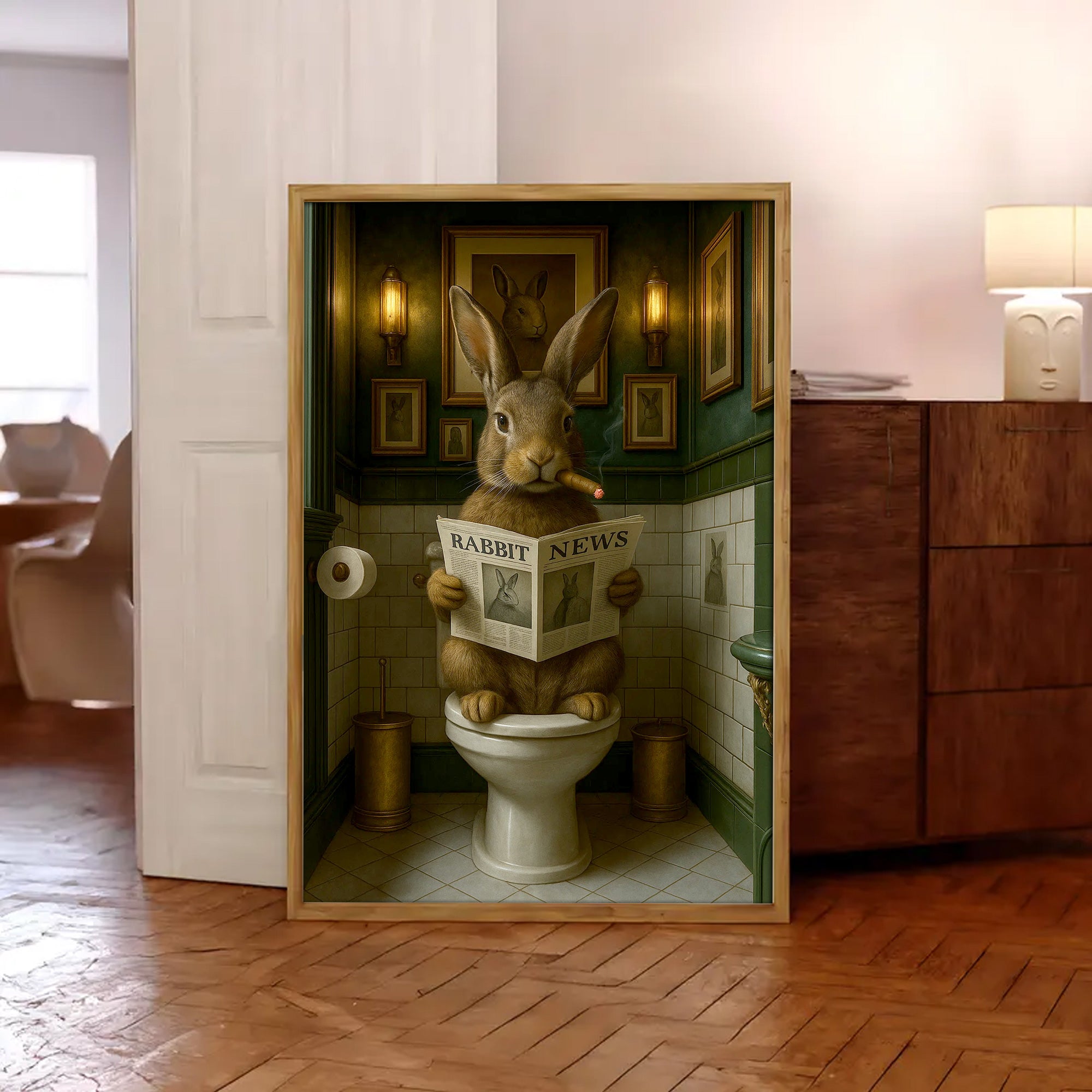 Funny Rabbit Bathroom Poster Canvas– Smoking-Smoking Bunny Reading Newspaper - Rustic Toilet Wall Art, Gift for Animal Lovers