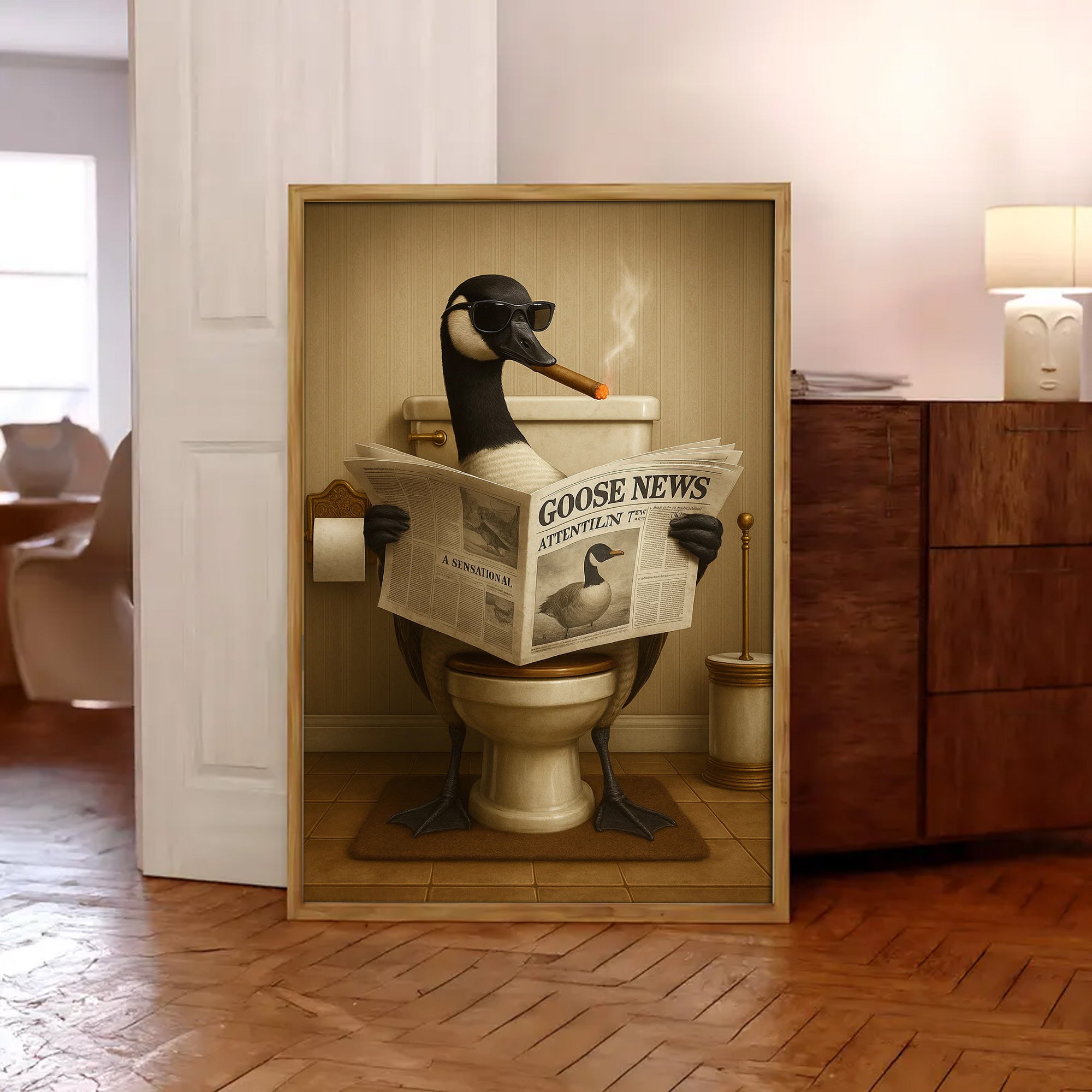Funny Goose Read Newspaper Bathroom Canvas Wall Art – Hunting Wildlife Animal Poster - Unique Gift for Dad, Hunters