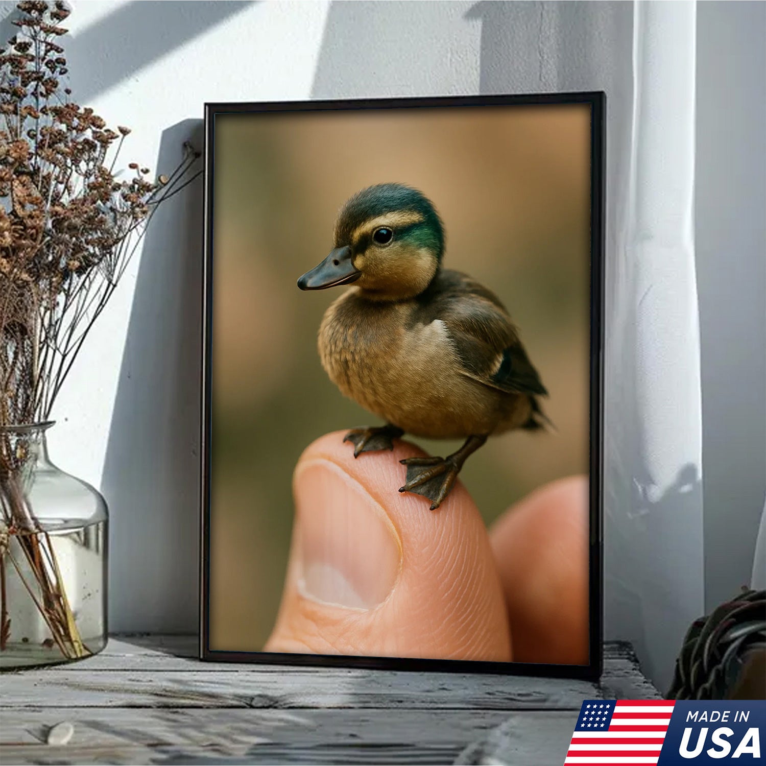 Cute Baby Duck Canvas Wall Art - Adorable Duckling Perched on Finger - Nature Wildlife Artwork for Home Decor