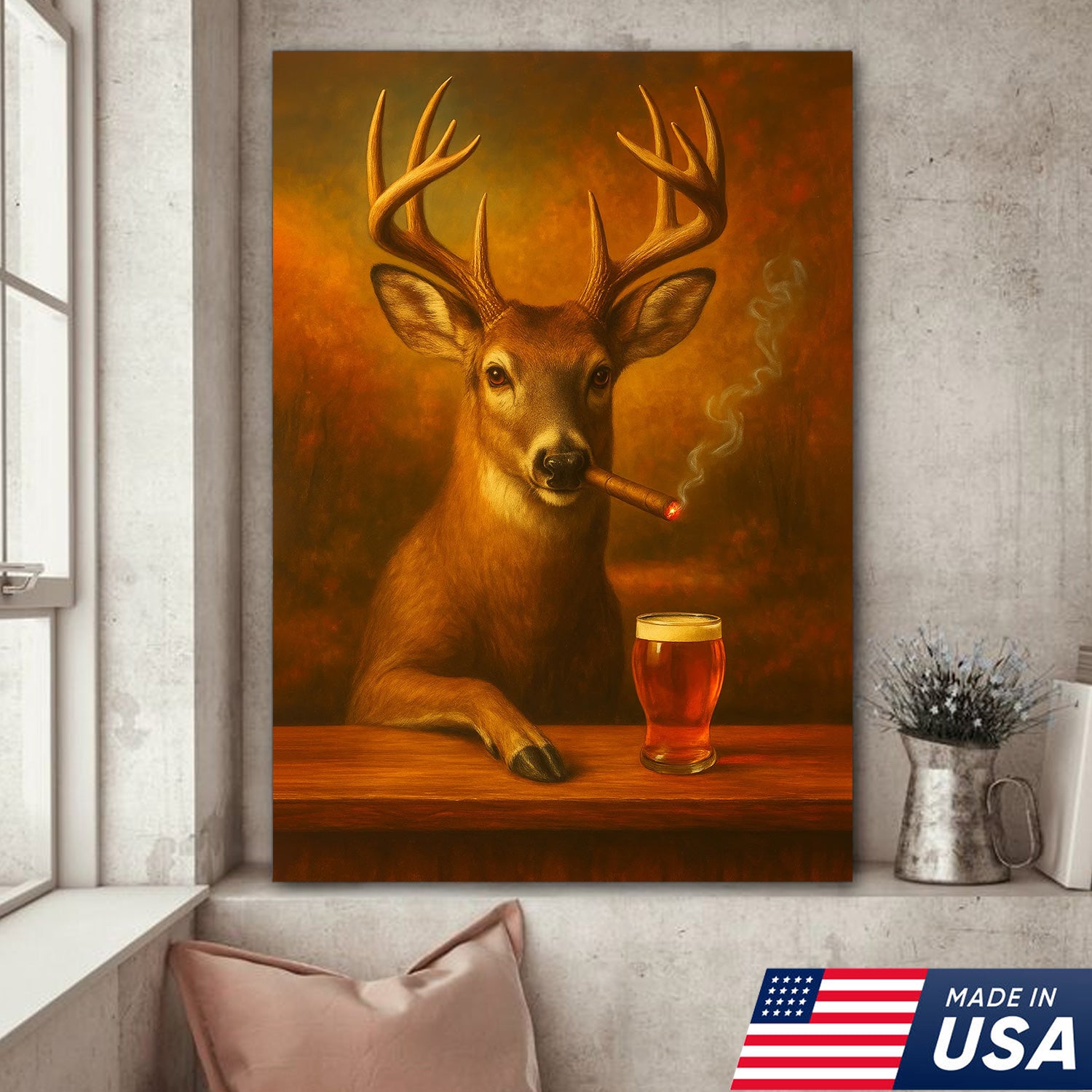 Funny White-Tailed Deer Smoking and Drinking Cocktail Glasses Canvas - Humorous Man Cave Wall Art For Hunters & Cocktail Glasses Lovers