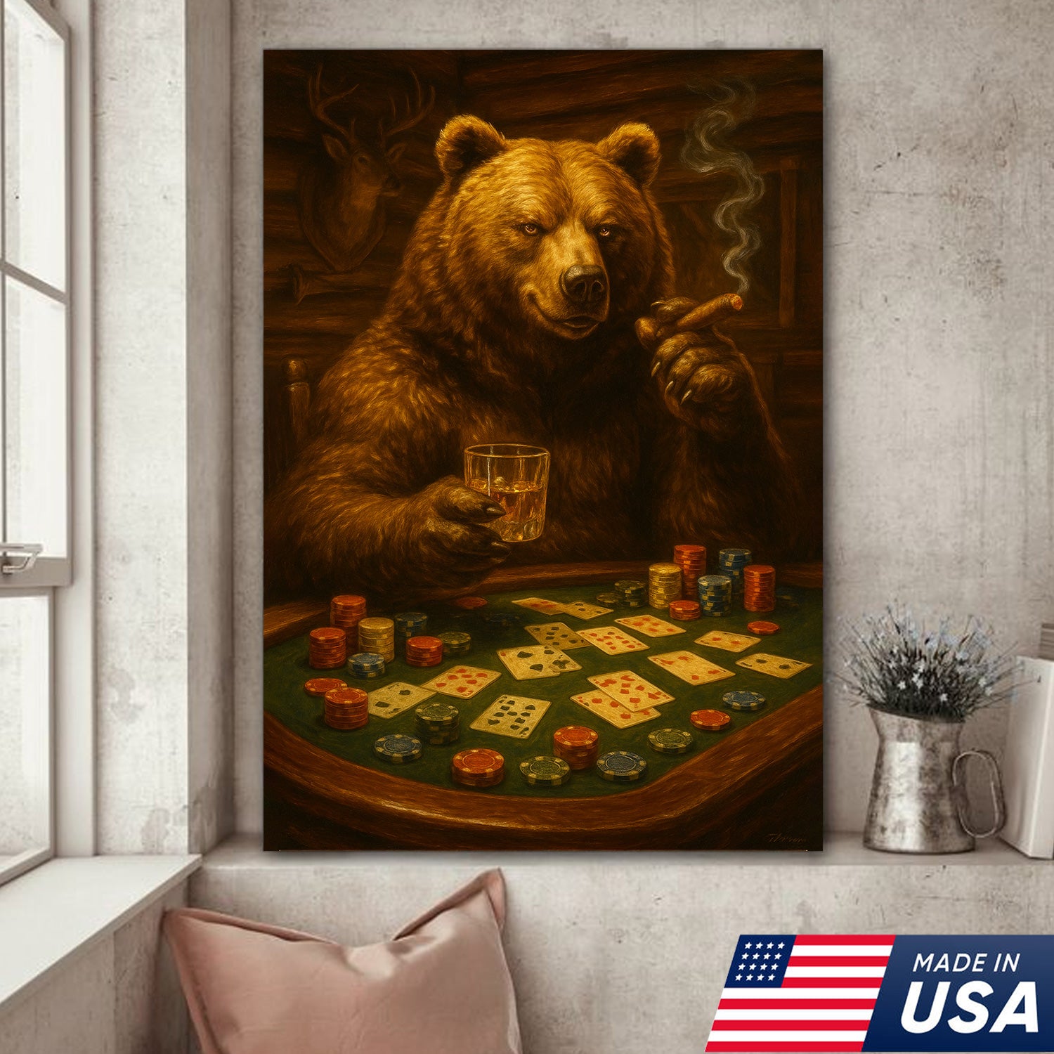 Rustic Bear Poker Canvas Wall Art – Funny Animal Playing Cards Decor for Cabin, Lodge & Game Room