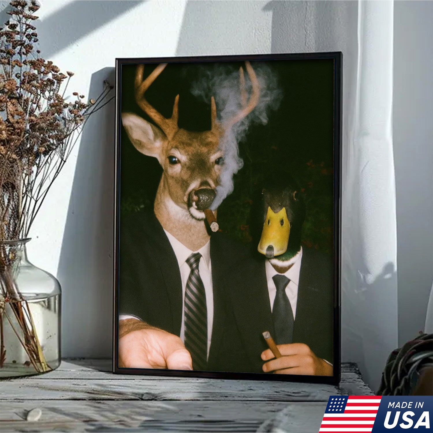Funny Deer and Duck Canvas Wall Art - Hilarious Animal Duo in Suits - Unique Wildlife Artwork for Home Decor