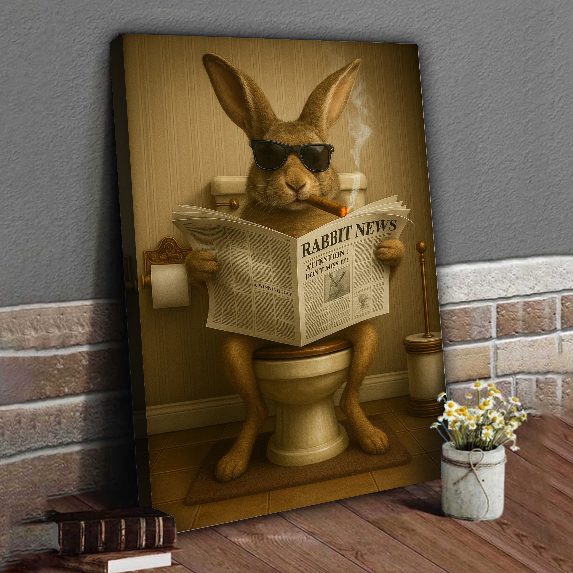 Funny Rabbit Reading News Bathroom Wall Art – Rustic Decor for Men, Hunting Cabin Poster, Hilarious Gift for Dad