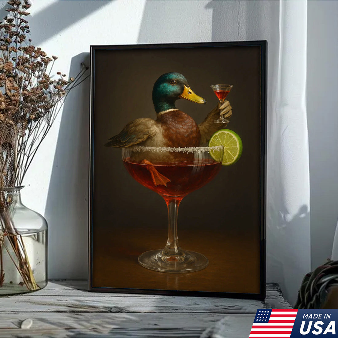 Funny Mallard Duck Canvas Wall Art - Quirky Animal in Cocktail Glass Design - Unique Wildlife Artwork for Home Decor