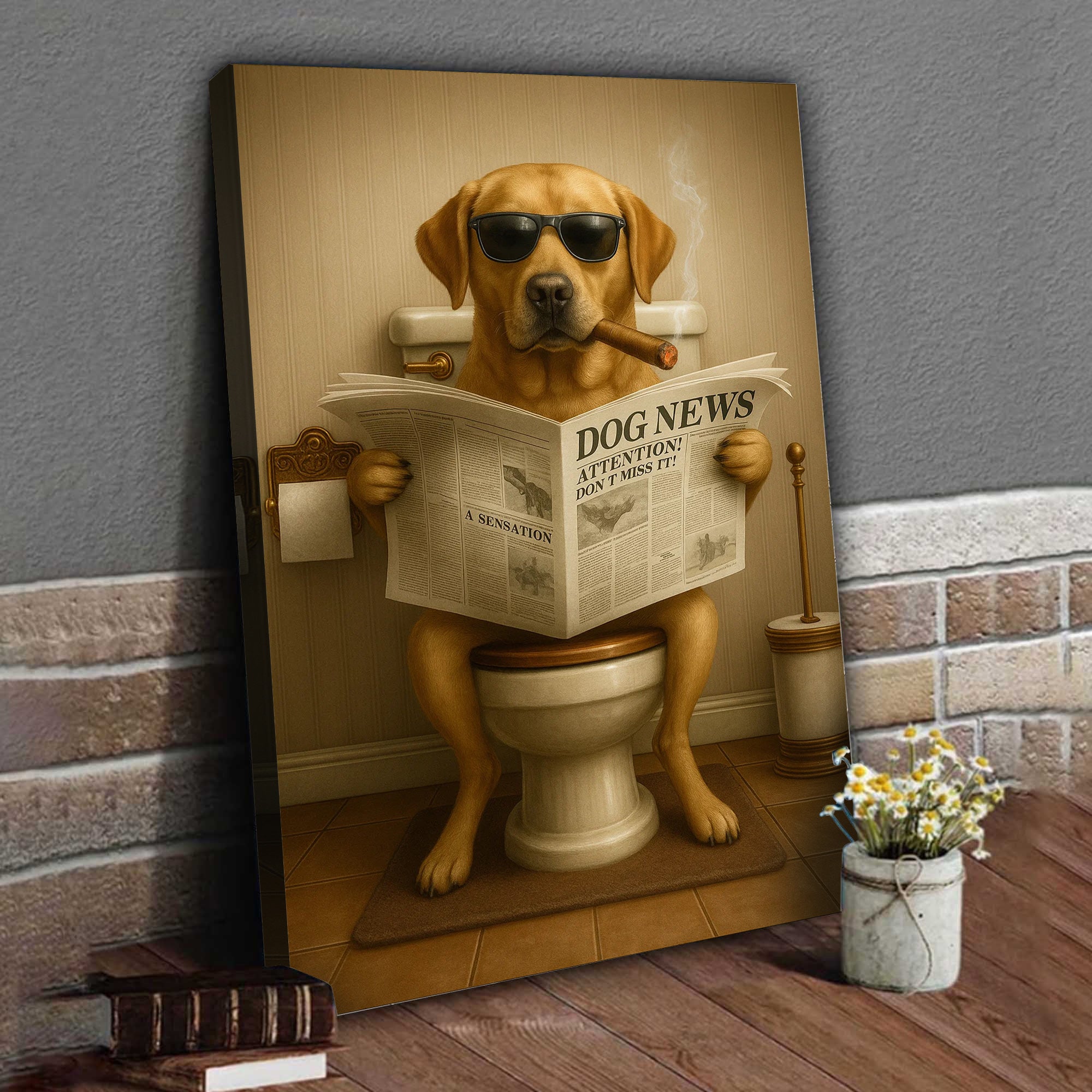 Funny Labrador Bathroom Poster Canvas – Dog on Toilet Reading Newspaper - Rustic Bathroom Decor, Gift for Dog Dads