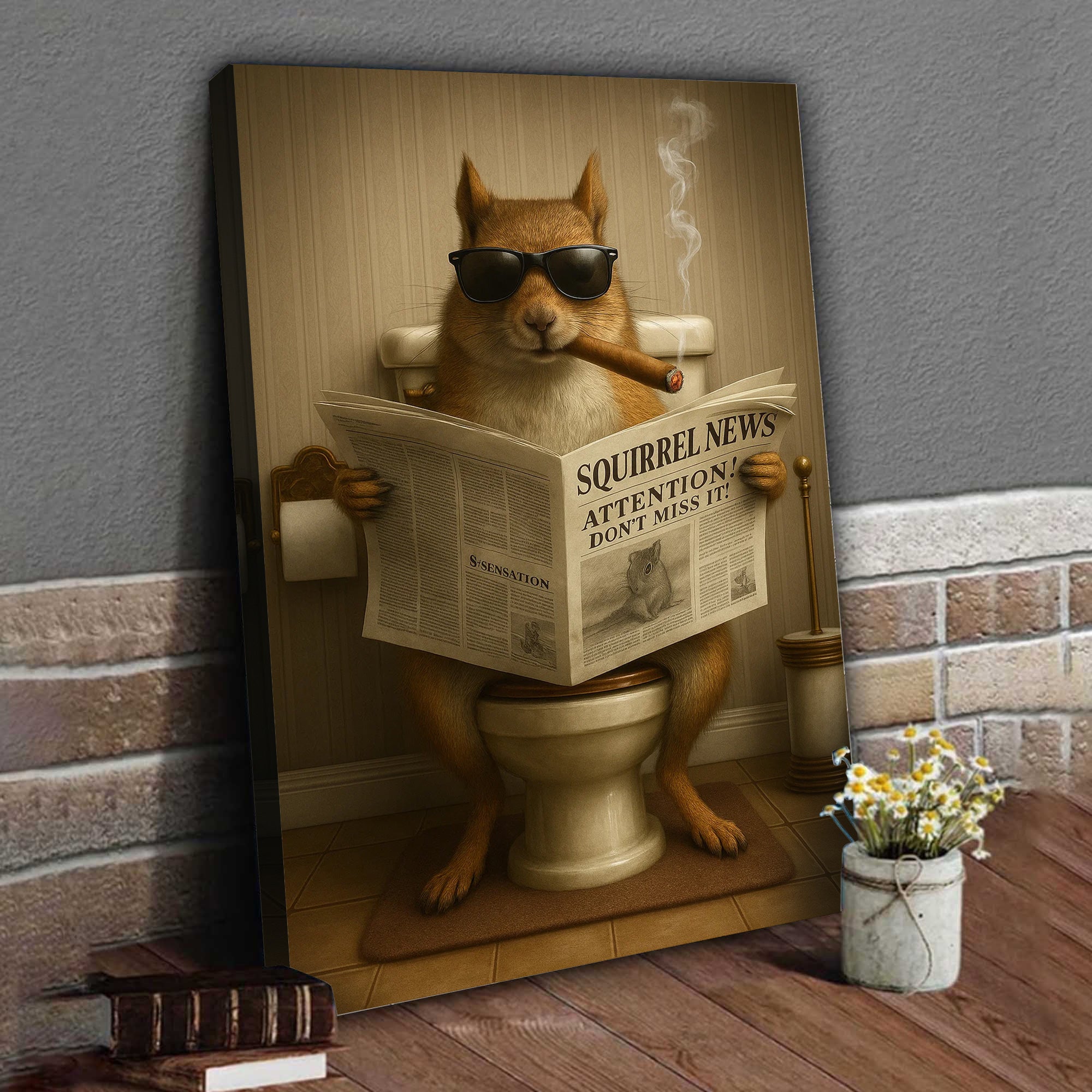 Squirrel Reading News Smoking Bathroom Wall Art – Rustic Decor for Men, Hunting Cabin Poster, Hilarious Gift for Dad