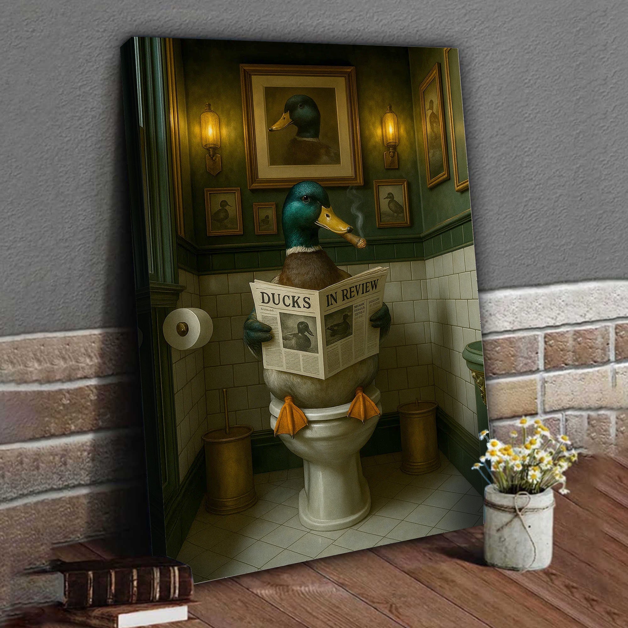 Mallard Duck Toilet Scene Poster Canvas – Smoking-Smoking Duck Reading ‘Ducks in Review’ - Gift for Outdoorsmen