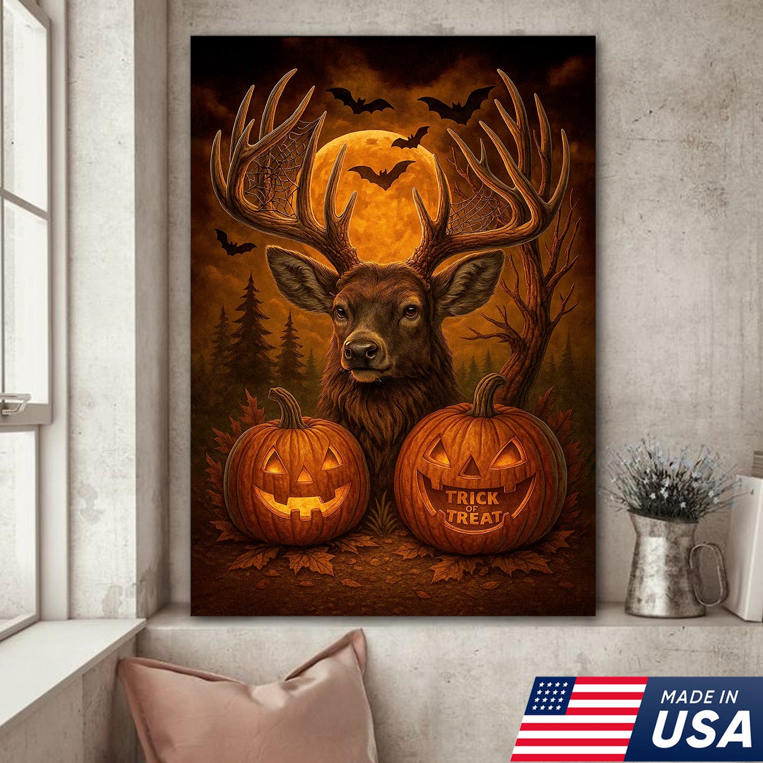 Trophy Buck Halloween Canvas Wall Art – Spooky Deer with Pumpkins and Full Moon Decor