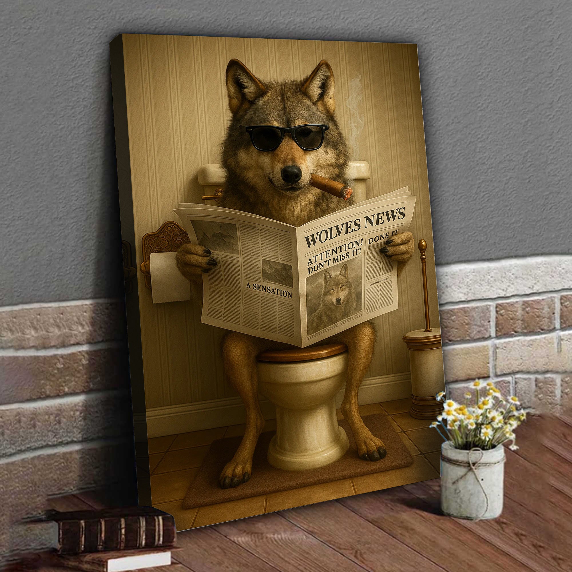 Funny Wolves News Poster Canvas – Hilarious Bathroom Scene with Cool Wolf on Toilet - Gift for Men, Nature Lovers, Hunters