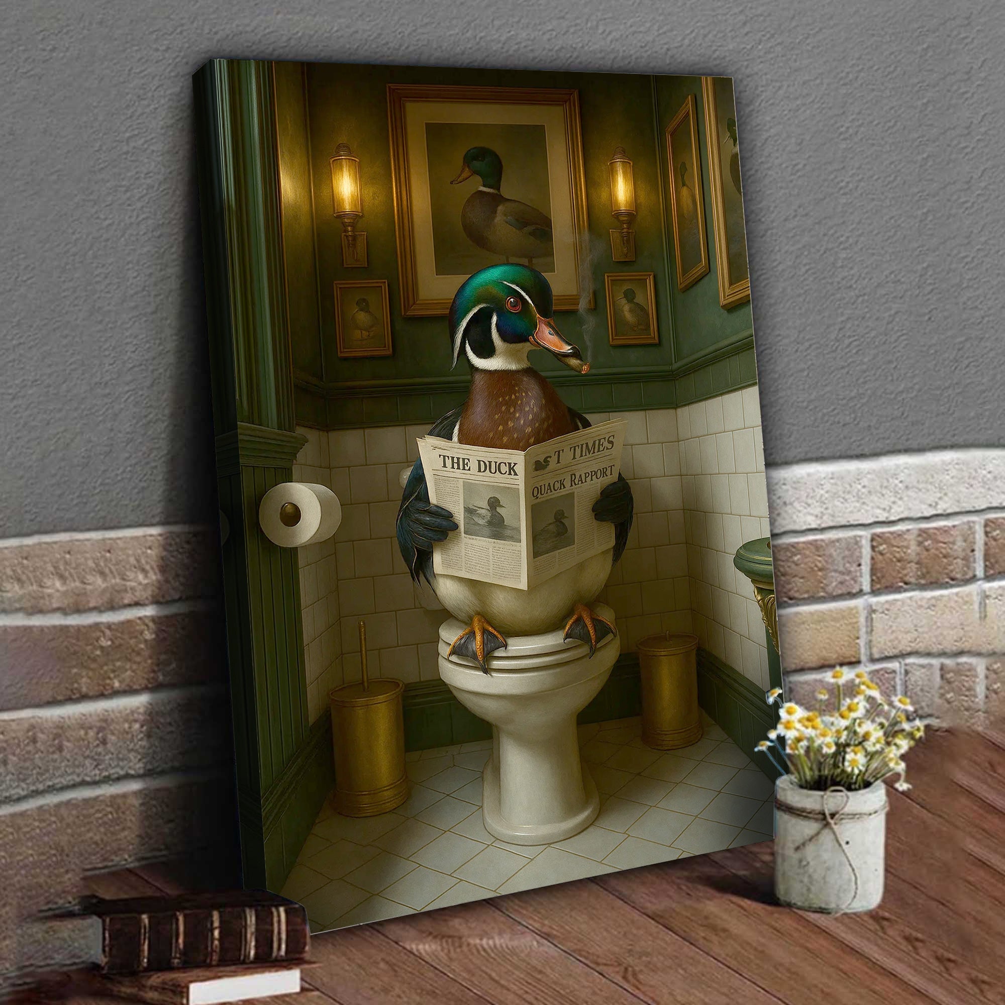 Rustic Duck Bathroom Wall Art Canvas – Wood Duck Reading Newspaper - Lodge Humor Print, Perfect Gift for Hunters