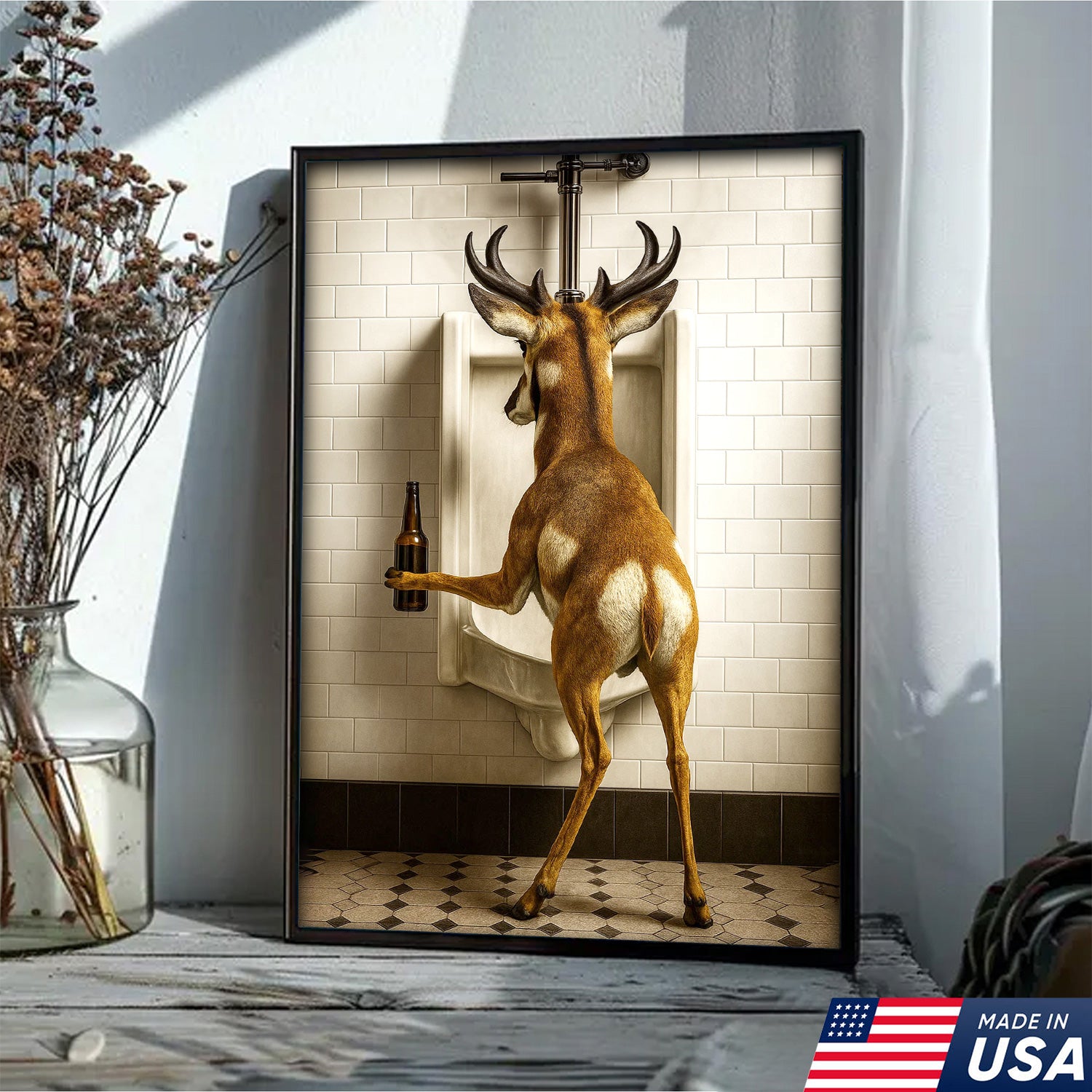 Funny Pronghorn Canvas Wall Art - Rustic Bathroom Lodge Decor for Hunters - Unique Wildlife Cabin Print