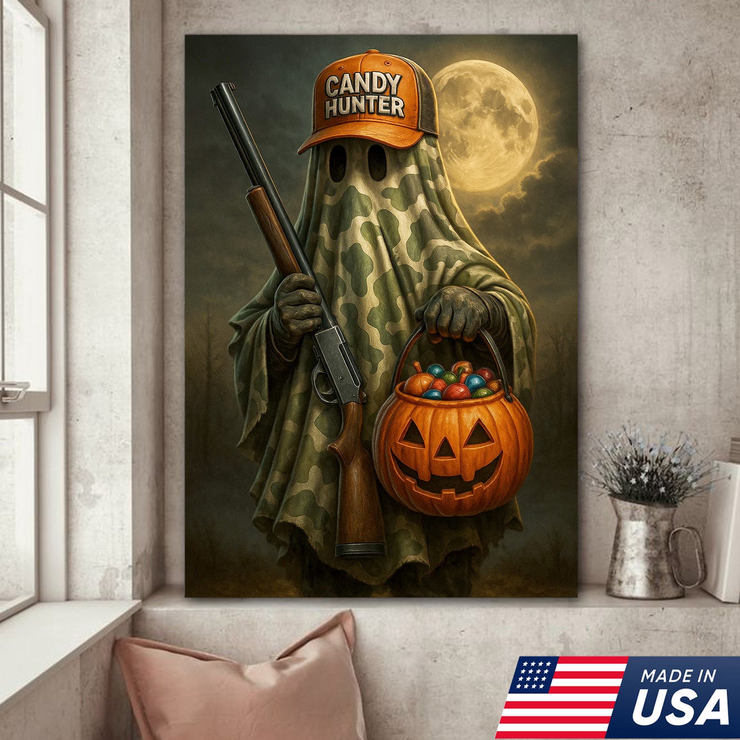 Candy Hunter Halloween Canvas Wall Art – Camouflage Ghost with Shotgun and Pumpkin Trick or Treat Decor
