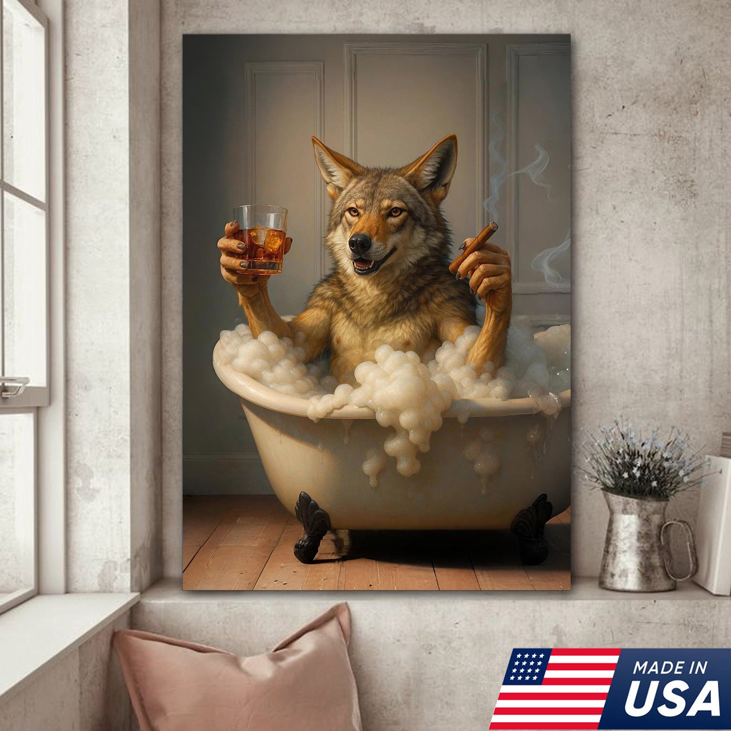 Wolf Coyote Chilling in Bubble Bath Canvas Wall Art – Whimsical Bathroom Decor, Rustic Farmhouse & Cabin Print