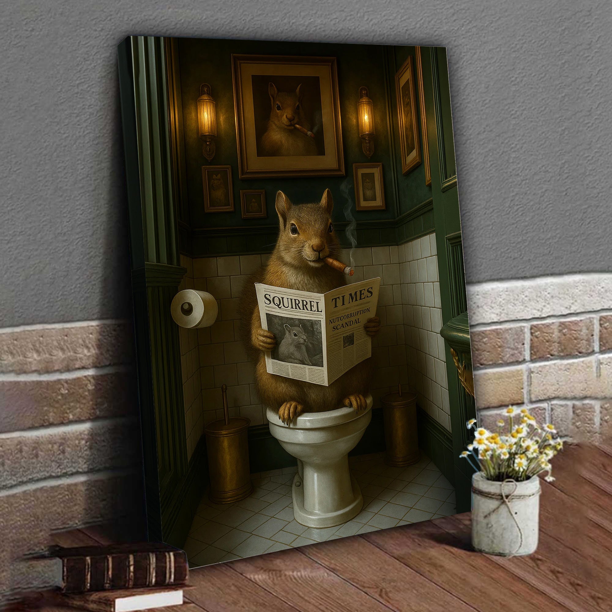 Funny Squirrel on Toilet Poster Canvas – Hilarious Wildlife Bathroom Scene - Lodge Humor Canvas, Gift for Men or Nature Lovers