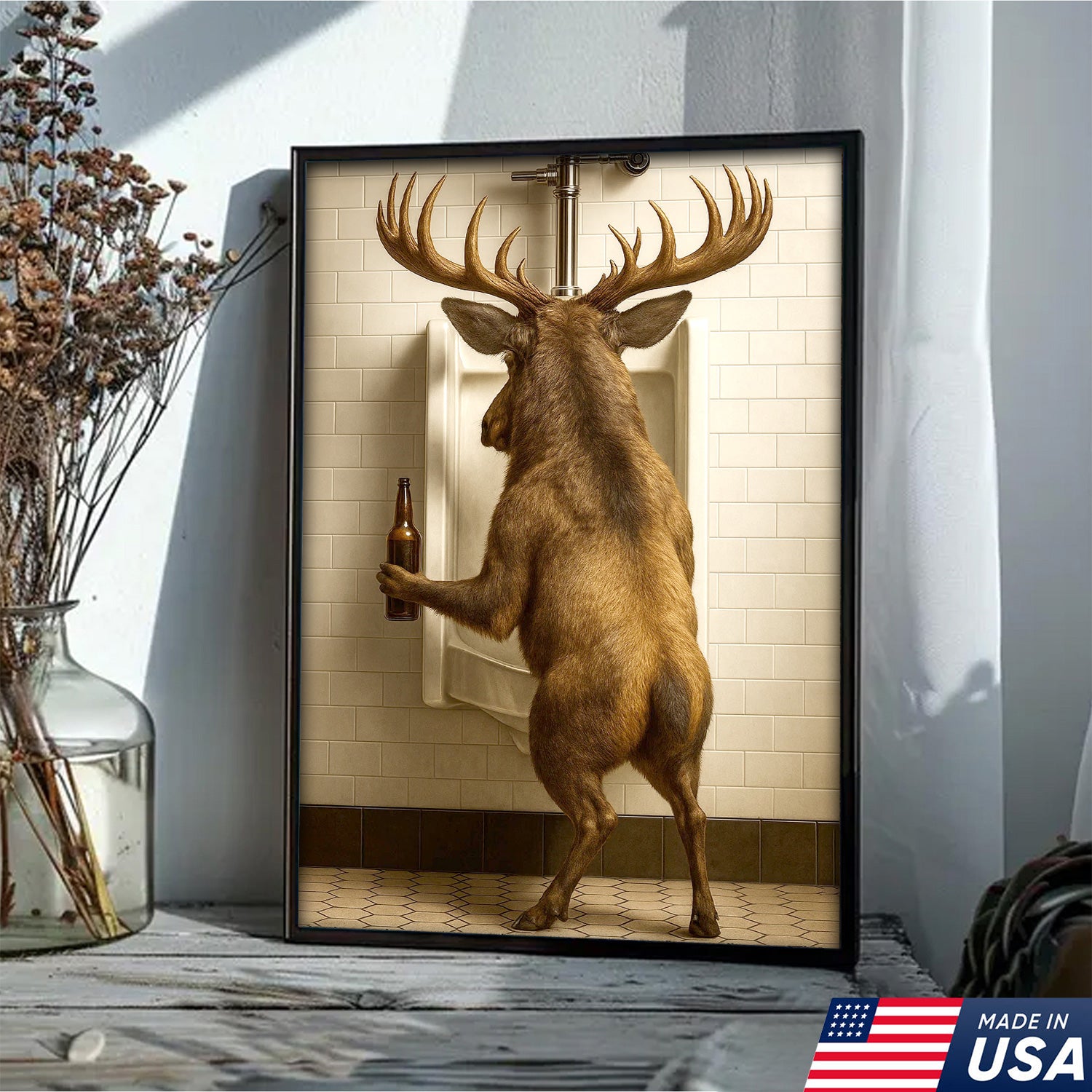 Funny Elk Canvas Wall Art - Rustic Bathroom Lodge Decor for Hunters - Unique Wildlife Cabin Print