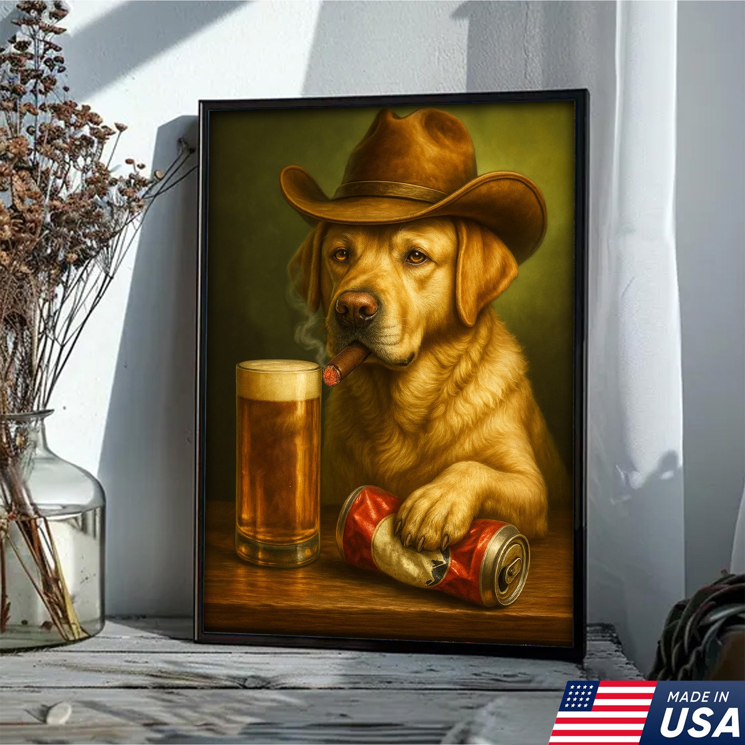 Funny Cowboy Dog Wall Art – Funny Beer & Smoking Canvas For Hunters, Bar & Man Cave Decor