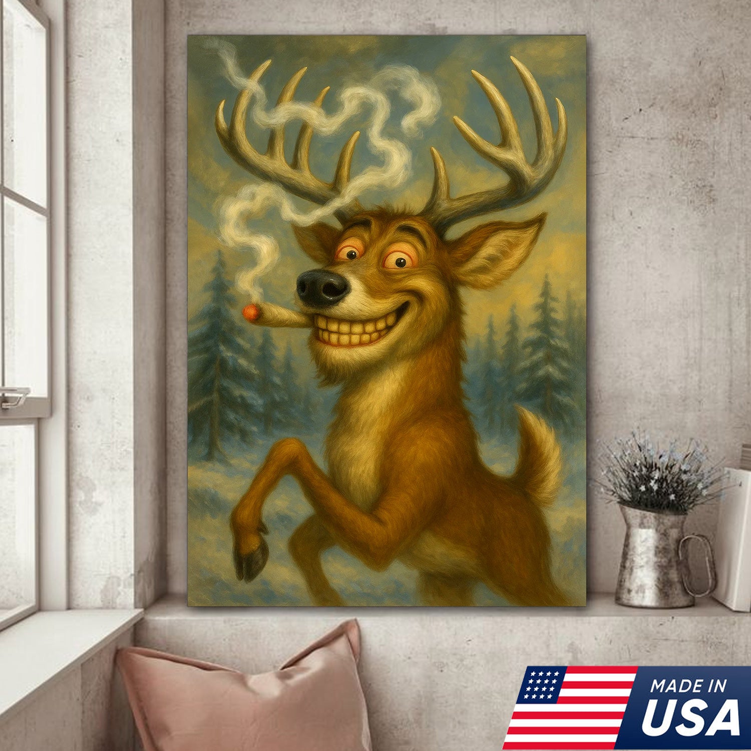 Funny Deer Smoking Canvas Wall Art – Rustic Cabin Lodge Decor, Hunting Gift for Men