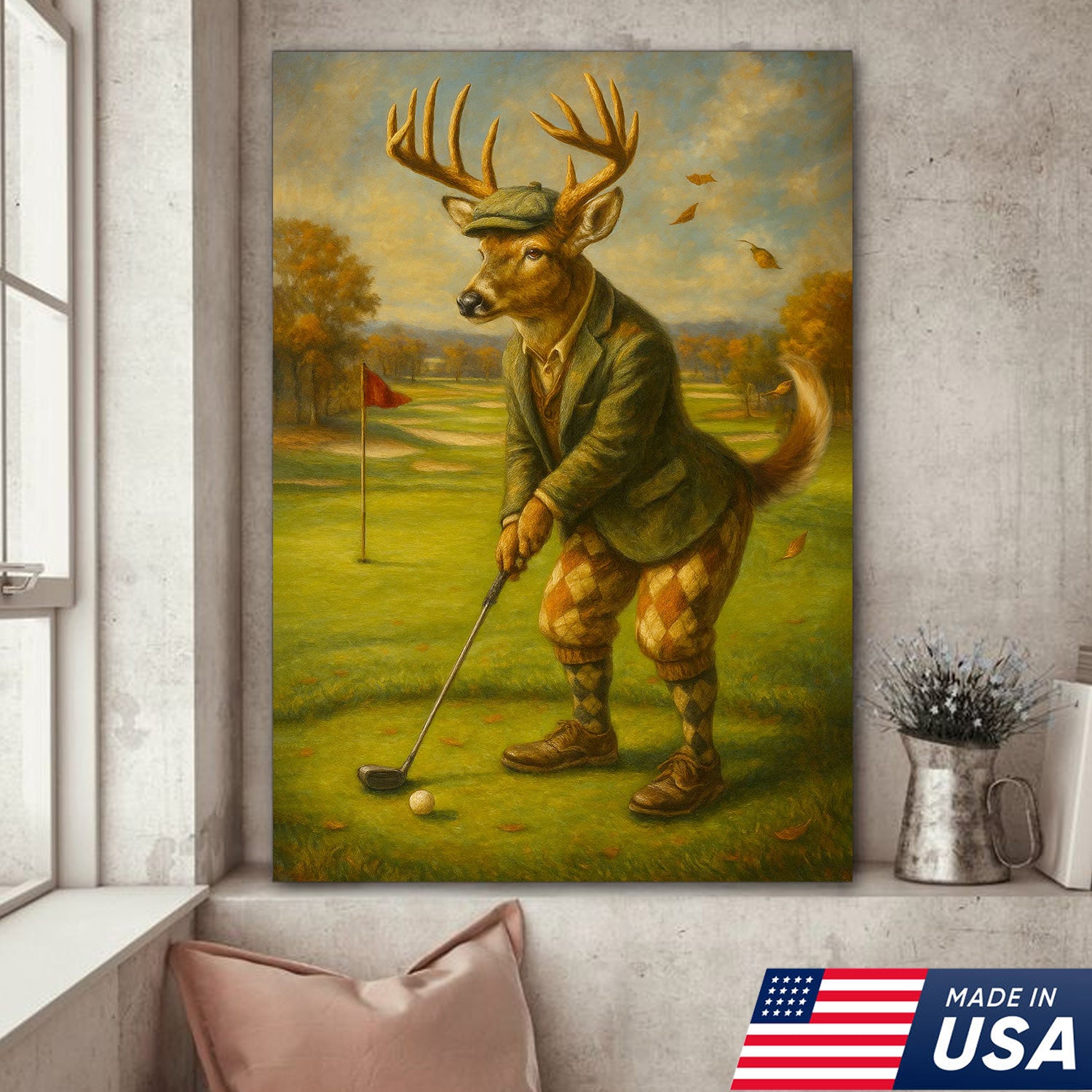 Vintage Deer Golfer Canvas Print – Rustic Funny Lodge Wall Art, Man Cave & Cabin Gift USA