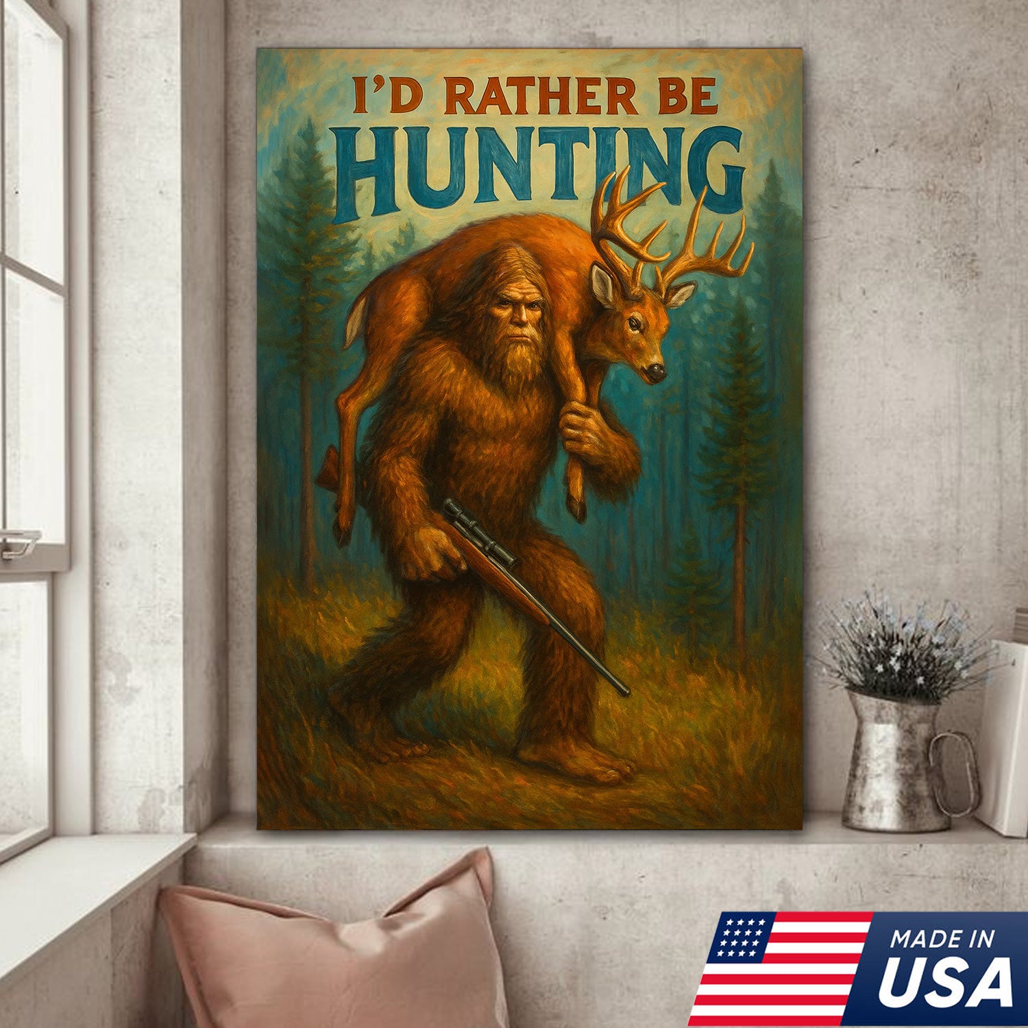 I’d Rather Be Hunting Canvas – Bigfoot Carrying Deer Buck Rustic Wall Art for Hunters, Man Cave & Cabin Decor