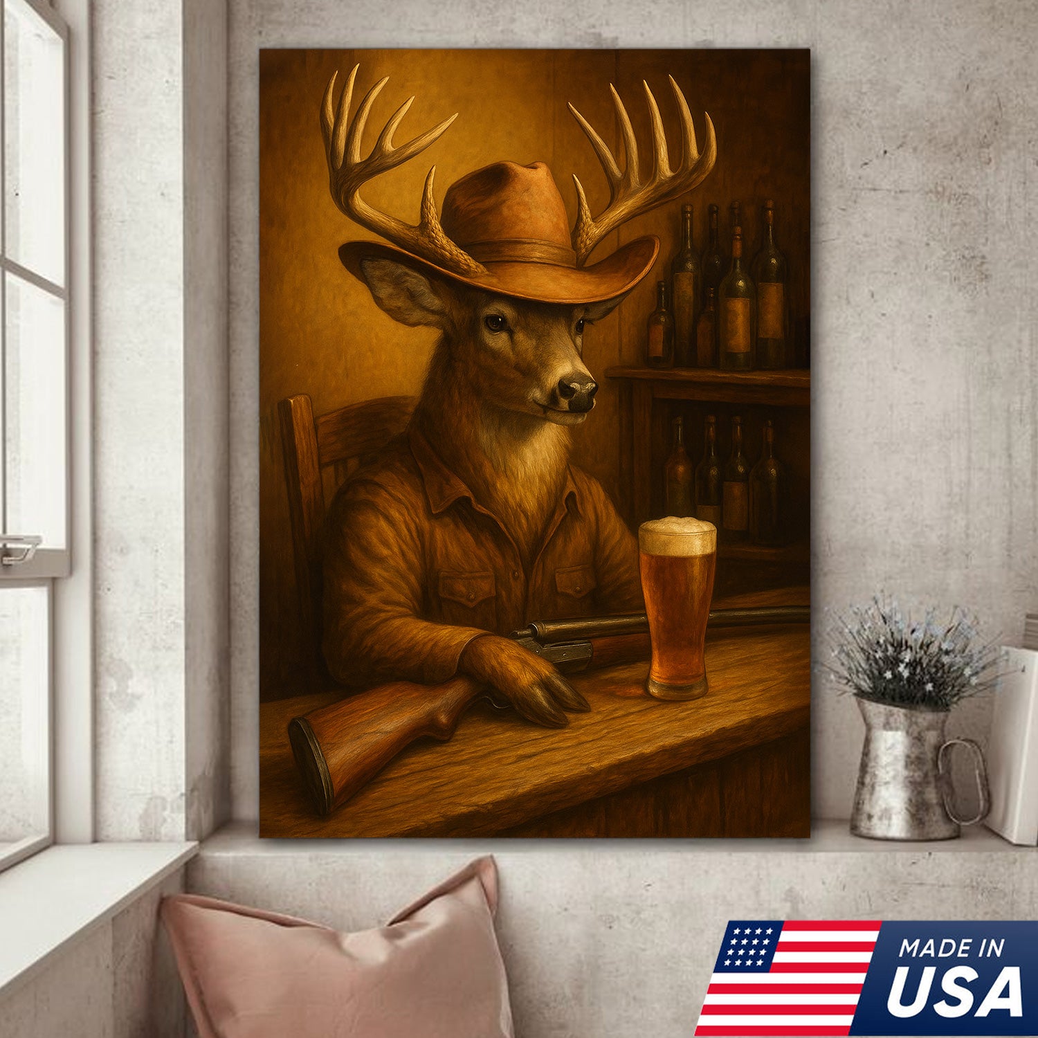 Funny Cowboy Deer Cocktail Glasses Bar Canvas Wall Art – Rustic Hunting Lodge Decor