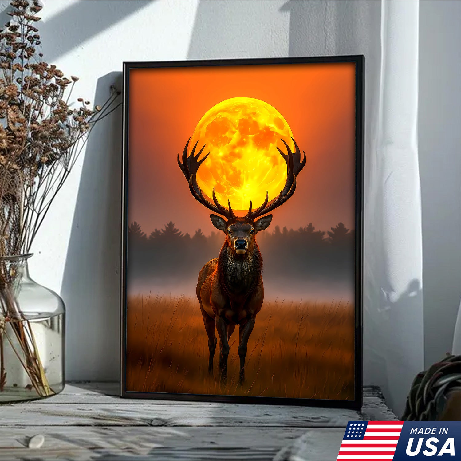 Majestic Elk Full Moon Canvas Wall Art – Hunting Cabin Decor Gift for Hunters