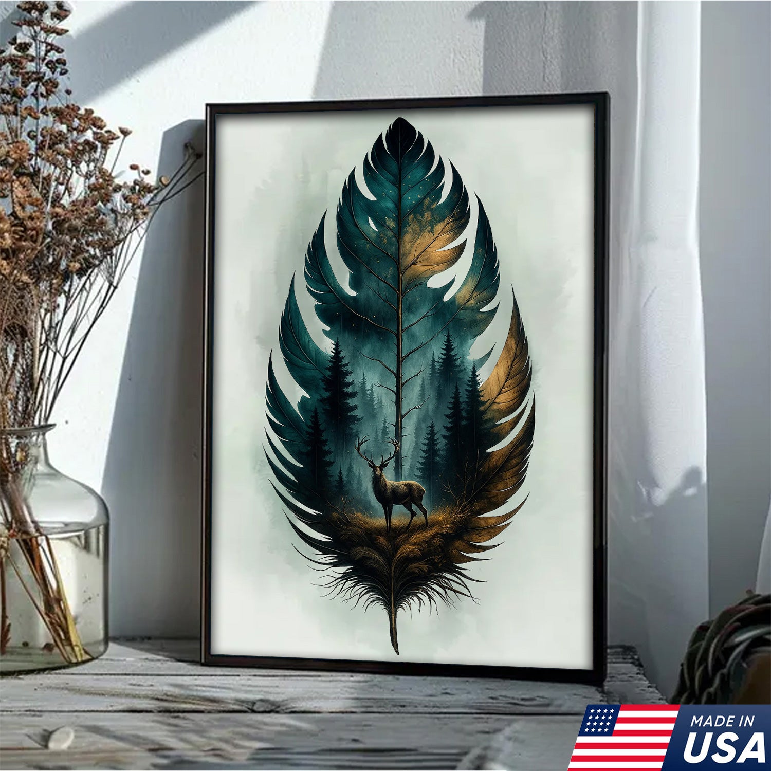 Rustic Deer And Feather Canvas Wall Art – Nature Forest Wildlife Print – Cabin & Lodge Hunting Decor