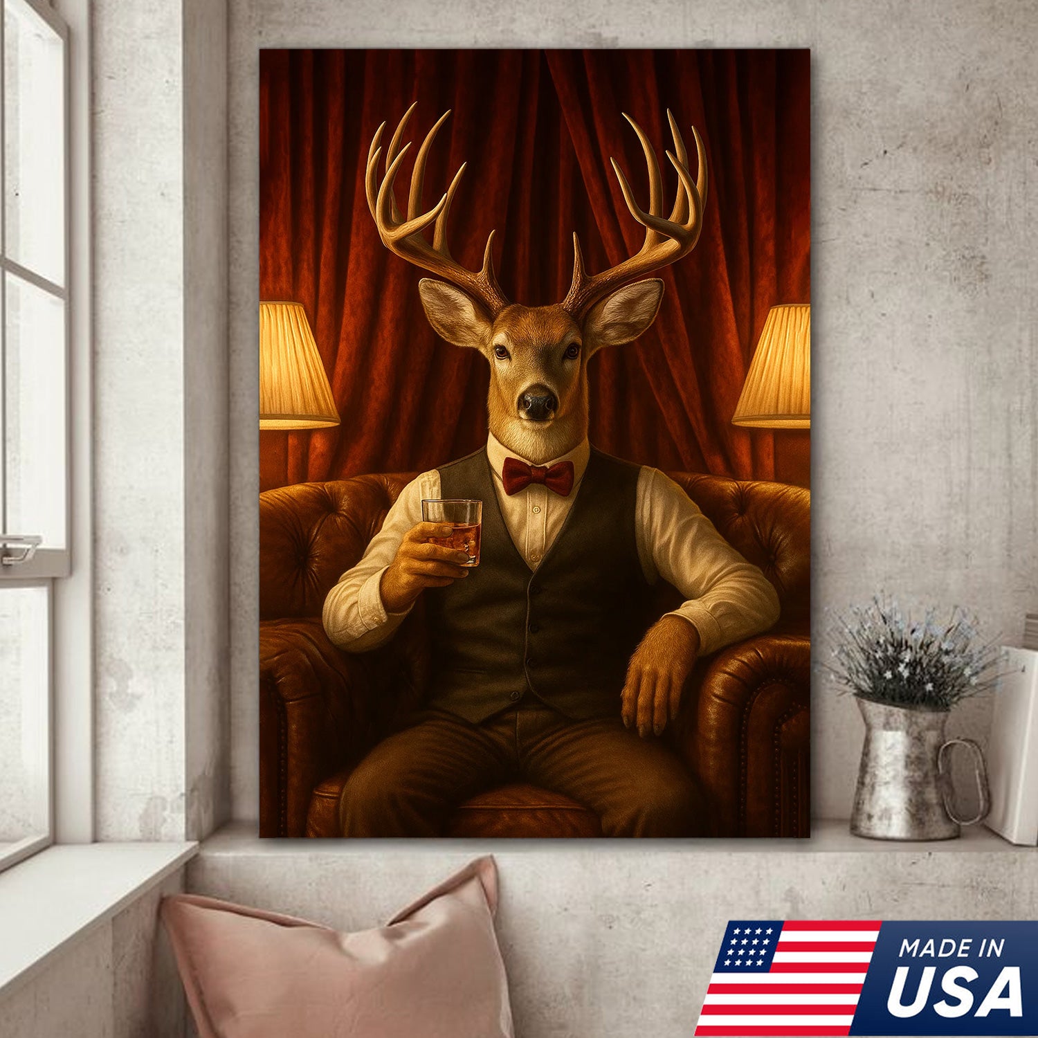 Gentleman Deer Canvas Wall Art – Rustic Hunting Lodge Whiskey Decor