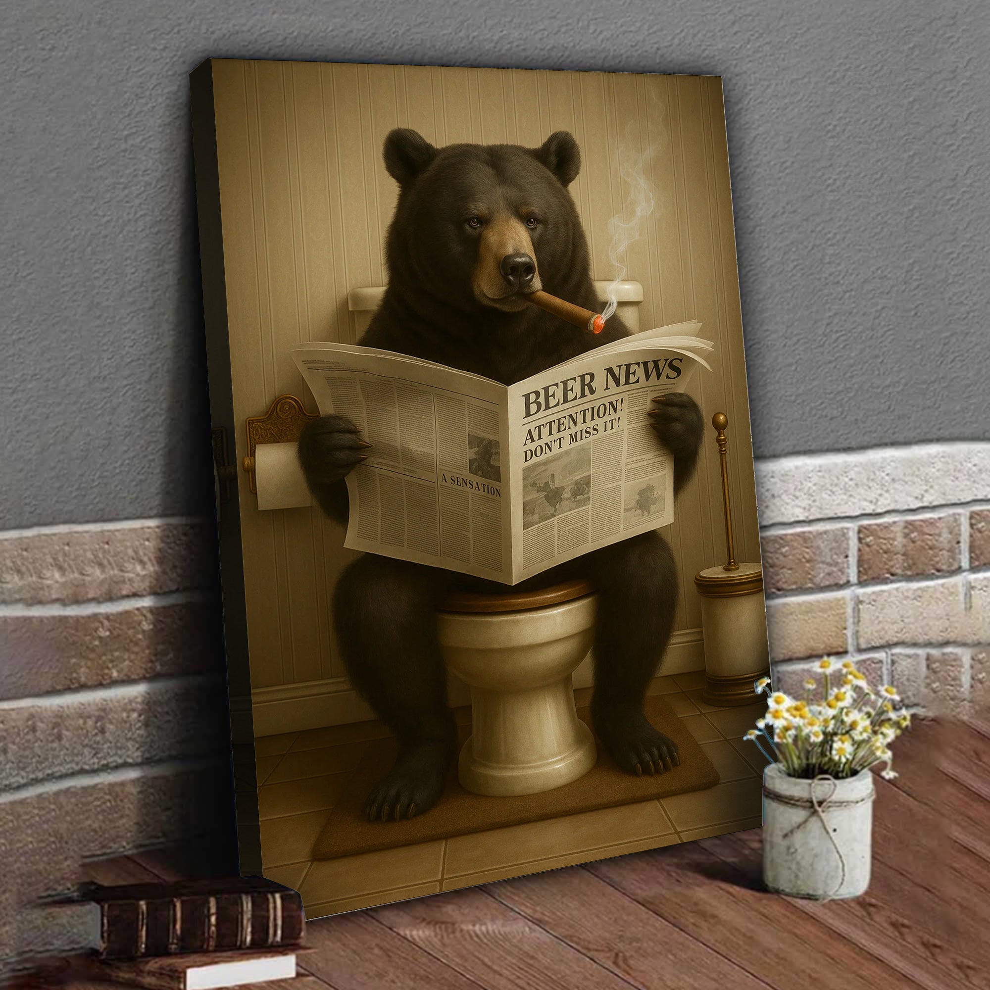 Funny Bear Newspaper Bathroom Canvas Wall Art – Wildlife Animal Poster - Unique Gift for Dad, Hunters & Outdoorsmen