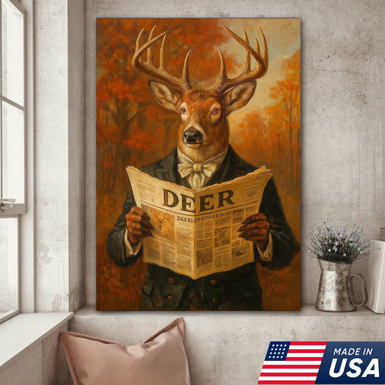 Funny Deer Reading Newspaper Canvas – Rustic Hunting Lodge Wall Art