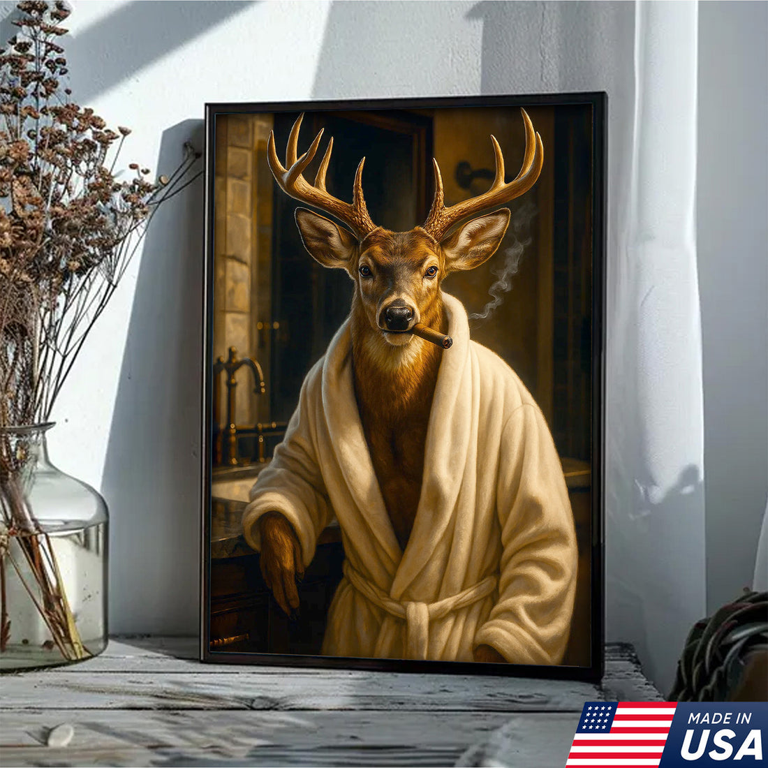 Deer Canvas Wall Art – Stylish Buck in Bathrobe Smoking Cigar Rustic Bathroom Decor for Hunters