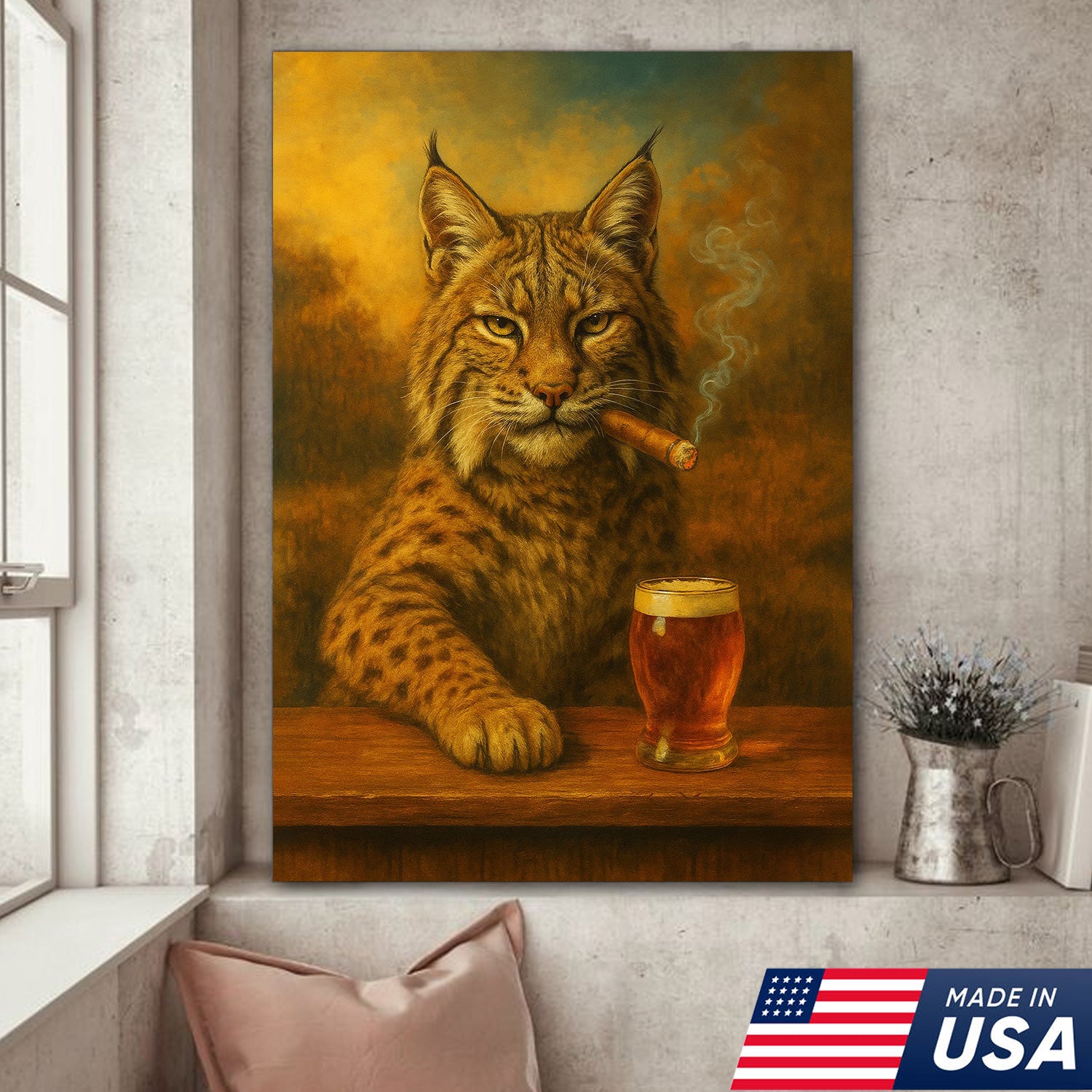 Funny Bobcat Smoking with Cocktail Glasses Canvas – Rustic Cabin & Hunting Lodge Wall Art