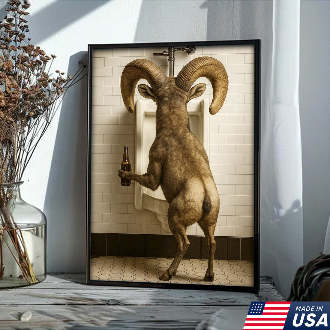 Humorous Big Horn Sheep Canvas Wall Art - Rustic Lodge Bathroom Decor for Cabin and Farmhouse - Wildlife Lover Gift