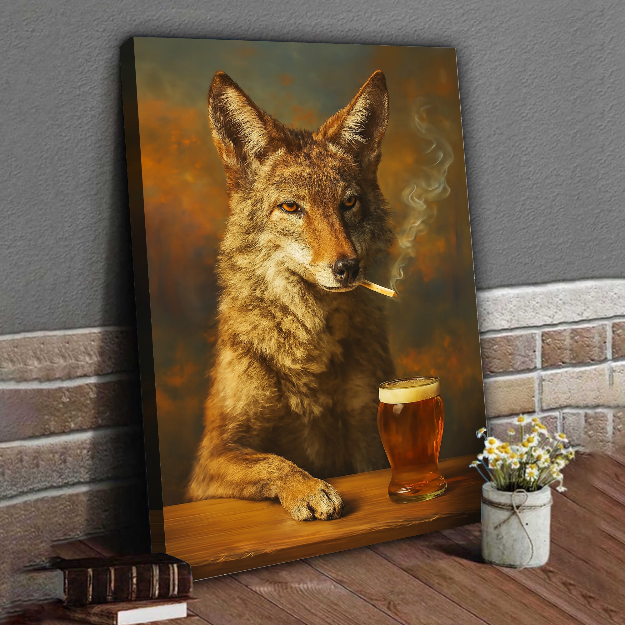 Smoking Wolf Coyote with Cocktail Glasses Canvas – Funny Hunting Wall Art for Man Caves - Hilarious Gift for Outdoorsmen