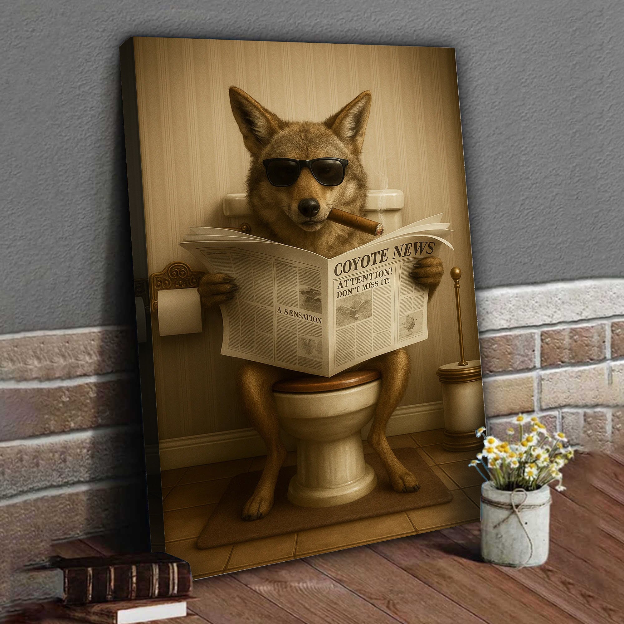 Smoking Coyote Wolf Canvas – Funny Wildlife Bathroom Art for Hunters & Cabin Decor