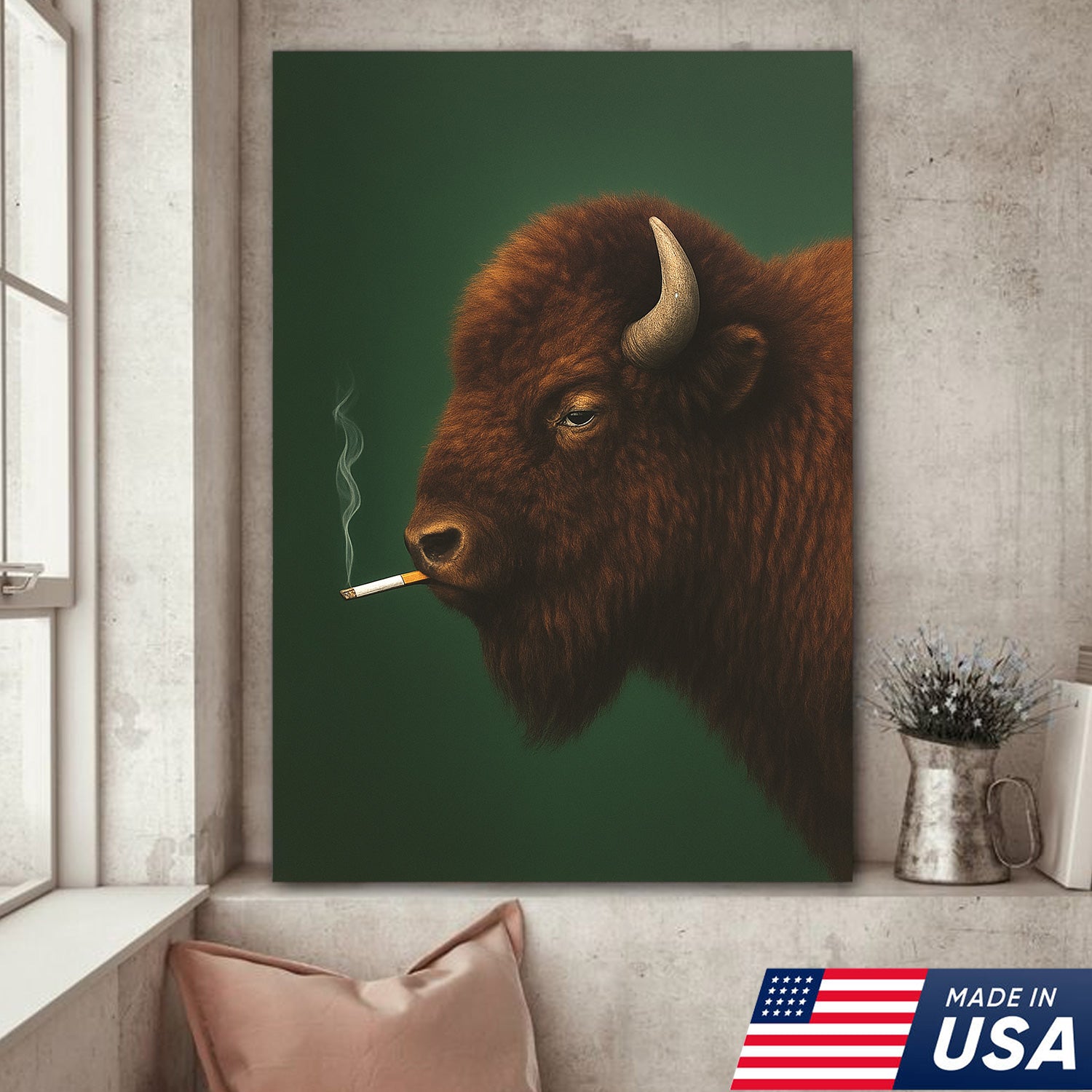Bison Smoking Canvas Wall Art – Western Rustic Decor for Hunters & Cowboys