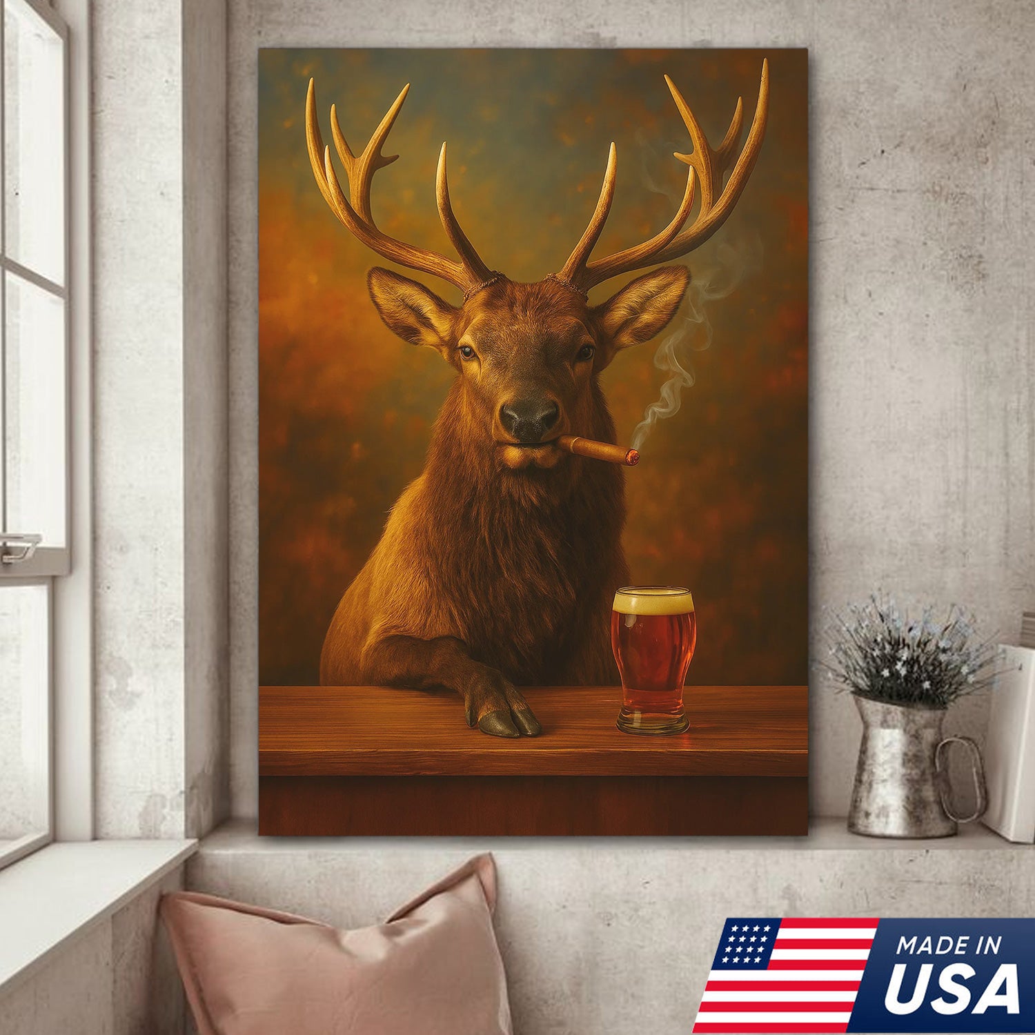 Funny Elk Drinking Cocktail Glasses & Smoking Canvas Wall Art - Rustic Hunting Perfect Gift for Hunters & Cocktail Glasses Lovers