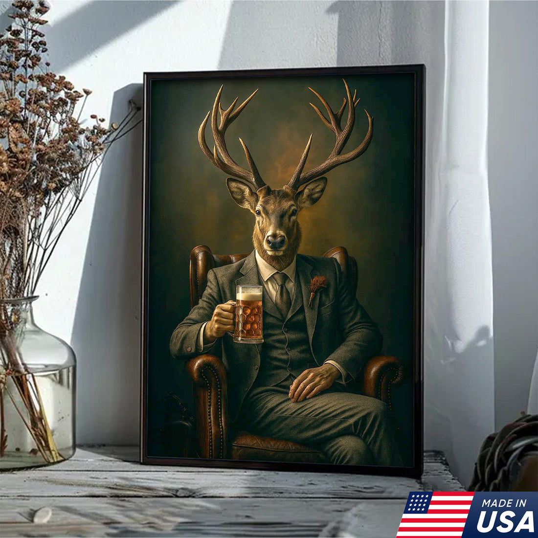 Deer Canvas Wall Art β Sophisticated Buck in Suit Holding Beer Rustic Lodge Decor for Hunters