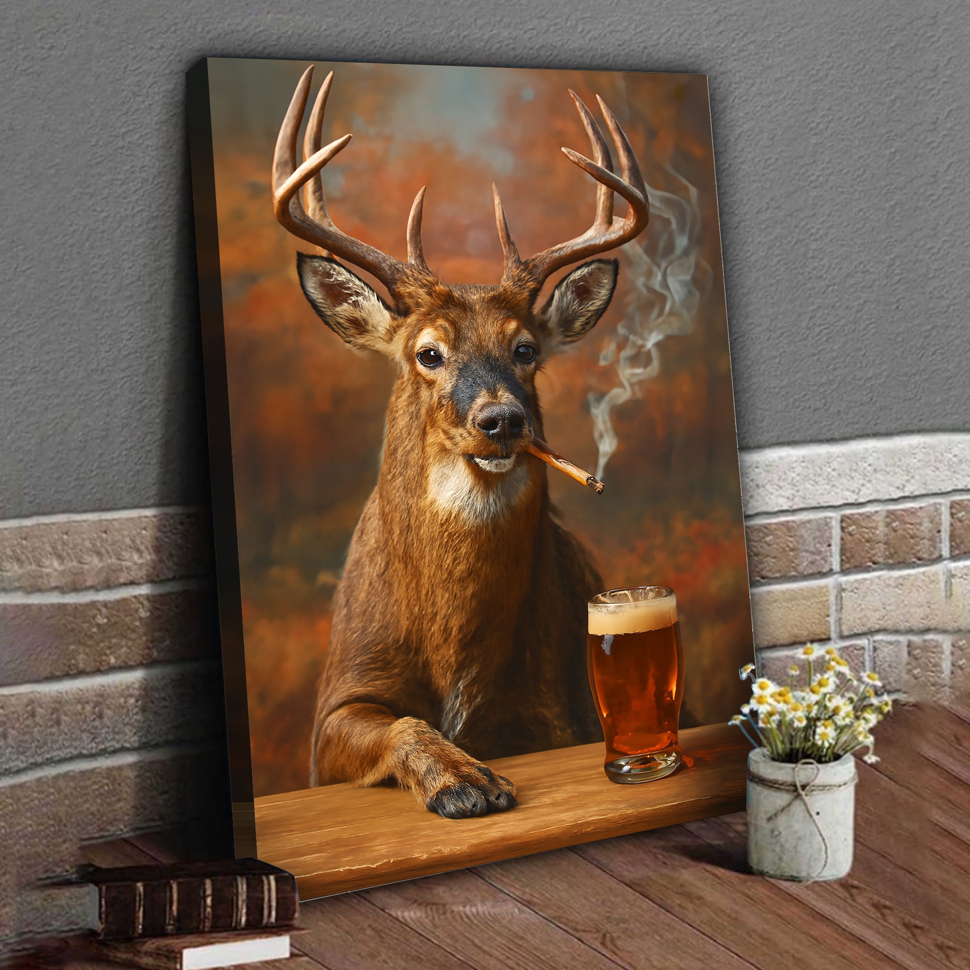 Smoking Deer with Cocktail Glasses Canvas – Funny Hunting Wall Art for Man Caves