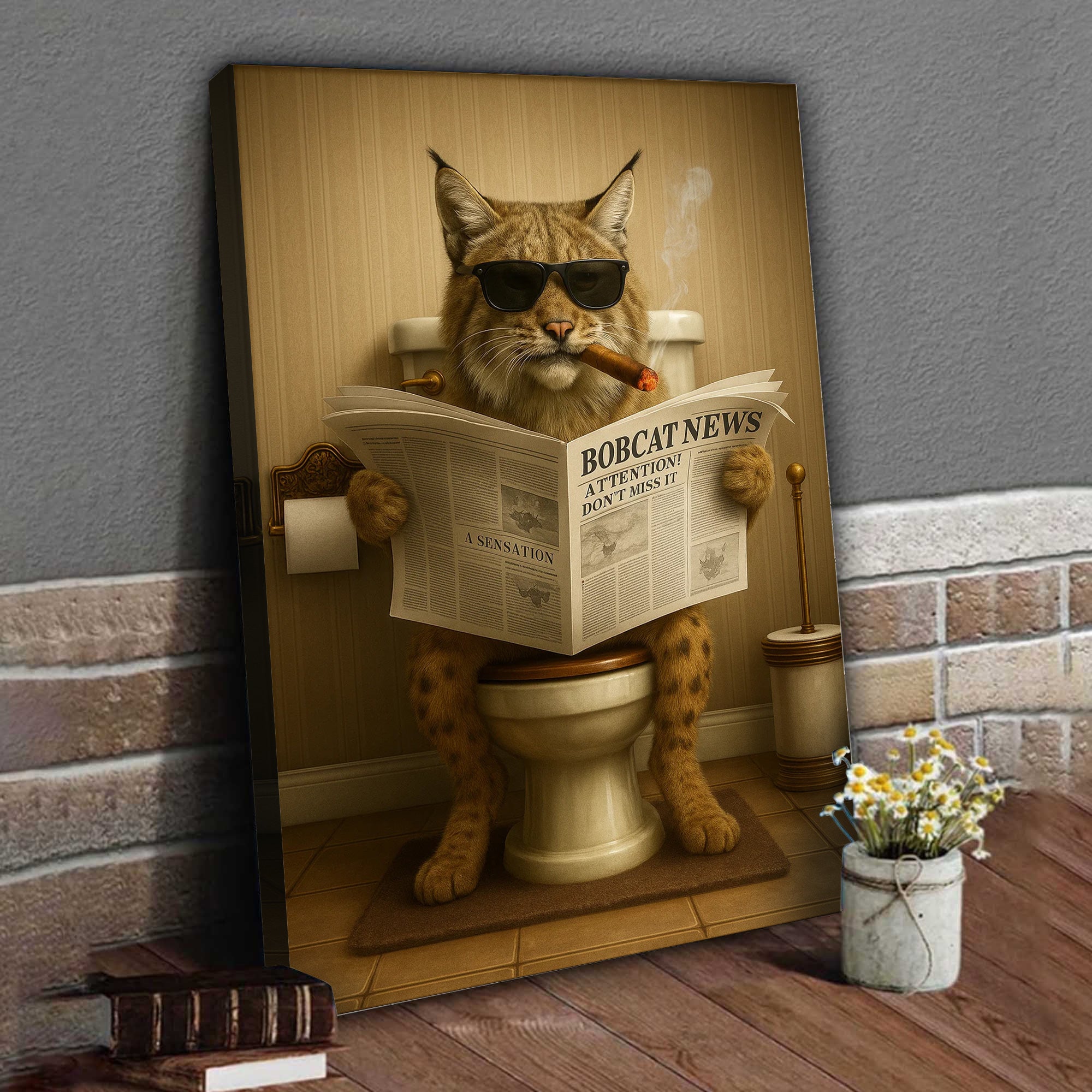 Funny Bobcat Bathroom Wall Art – Rustic Wildlife Decor for Men, Hunting Cabin Poster, Hilarious Gift for Dad