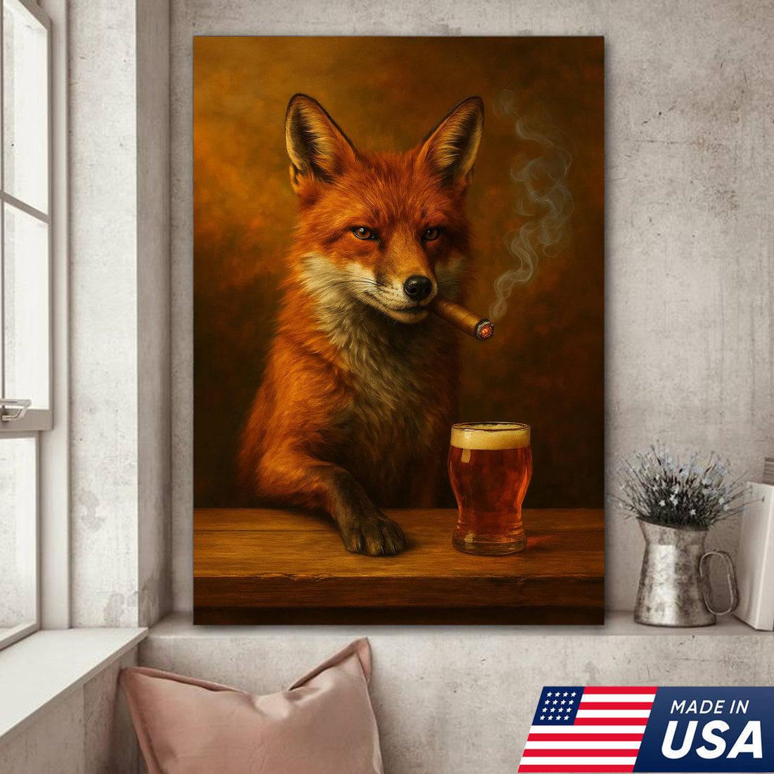 Funny Fox Smoking with Cocktail Glasses Canvas β Rustic Hunting Lodge Wall Art